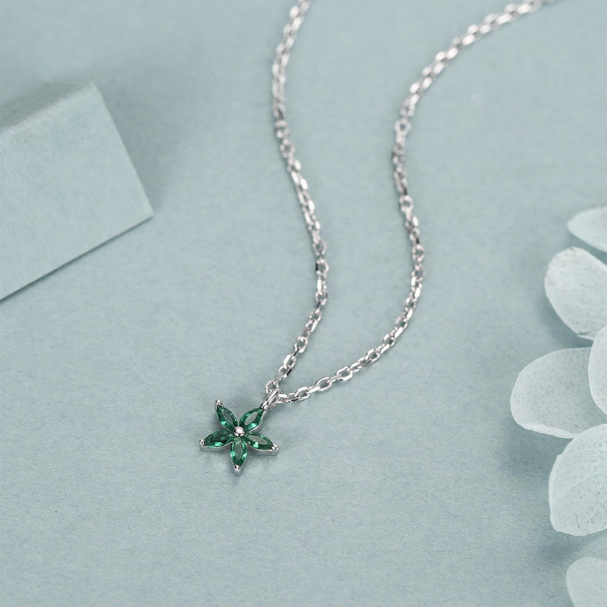 Tiny Emerald Green CZ Flower Necklace in Sterling Silver, Silver or Gold, CZ Flower Necklace, CZ Cluster Floral Necklace