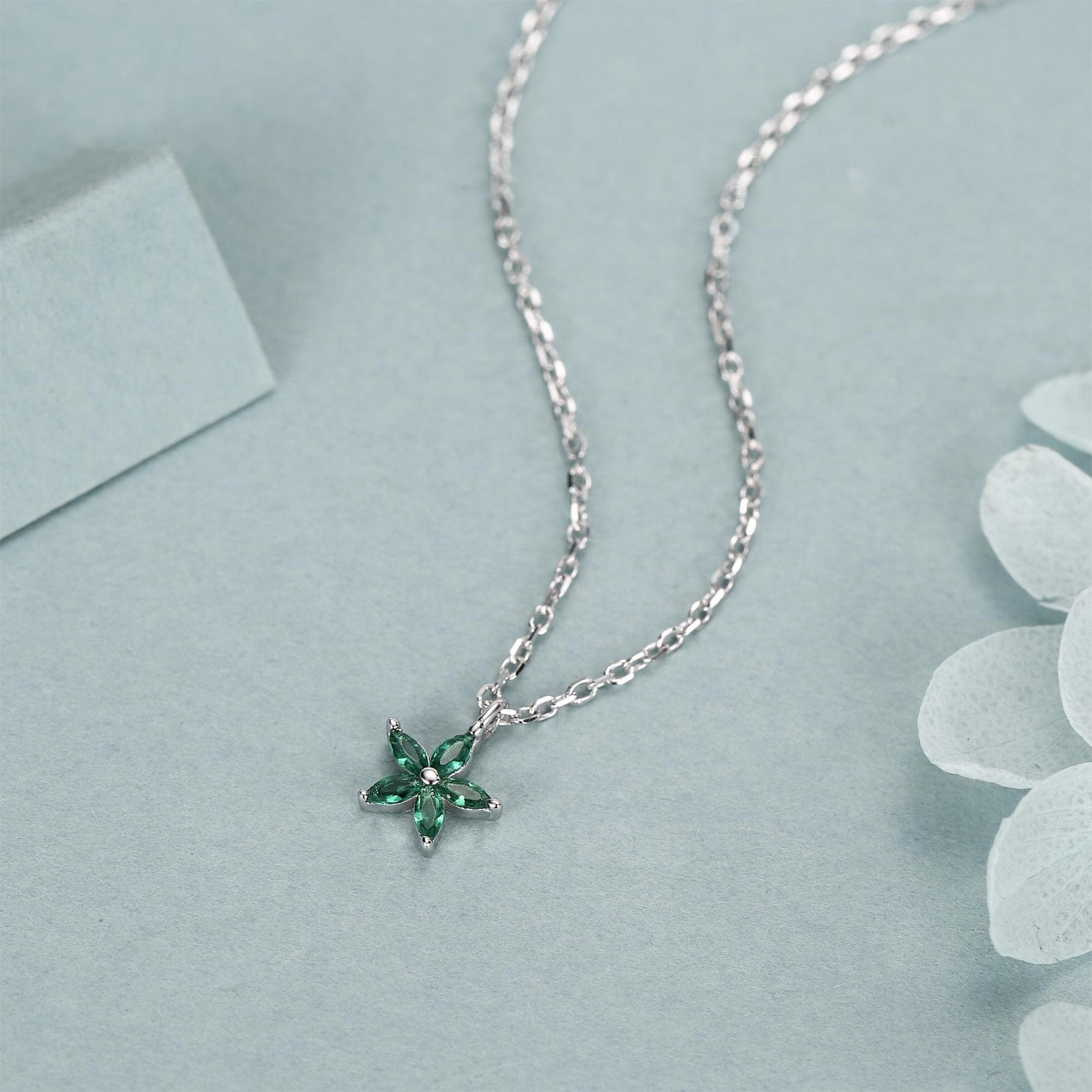 Tiny Emerald Green CZ Flower Necklace in Sterling Silver, Silver or Gold, CZ Flower Necklace, CZ Cluster Floral Necklace
