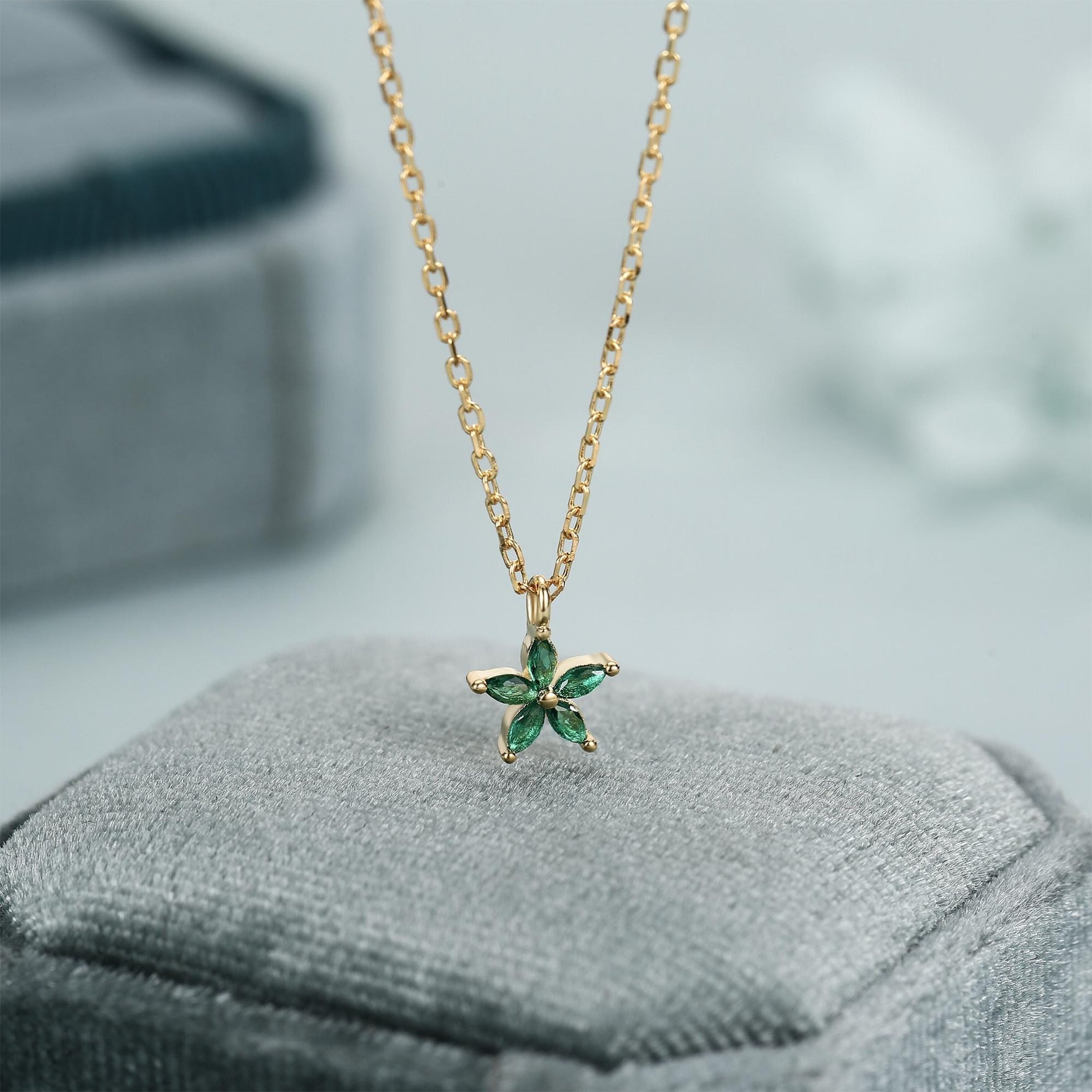 Tiny Emerald Green CZ Flower Necklace in Sterling Silver, Silver or Gold, CZ Flower Necklace, CZ Cluster Floral Necklace