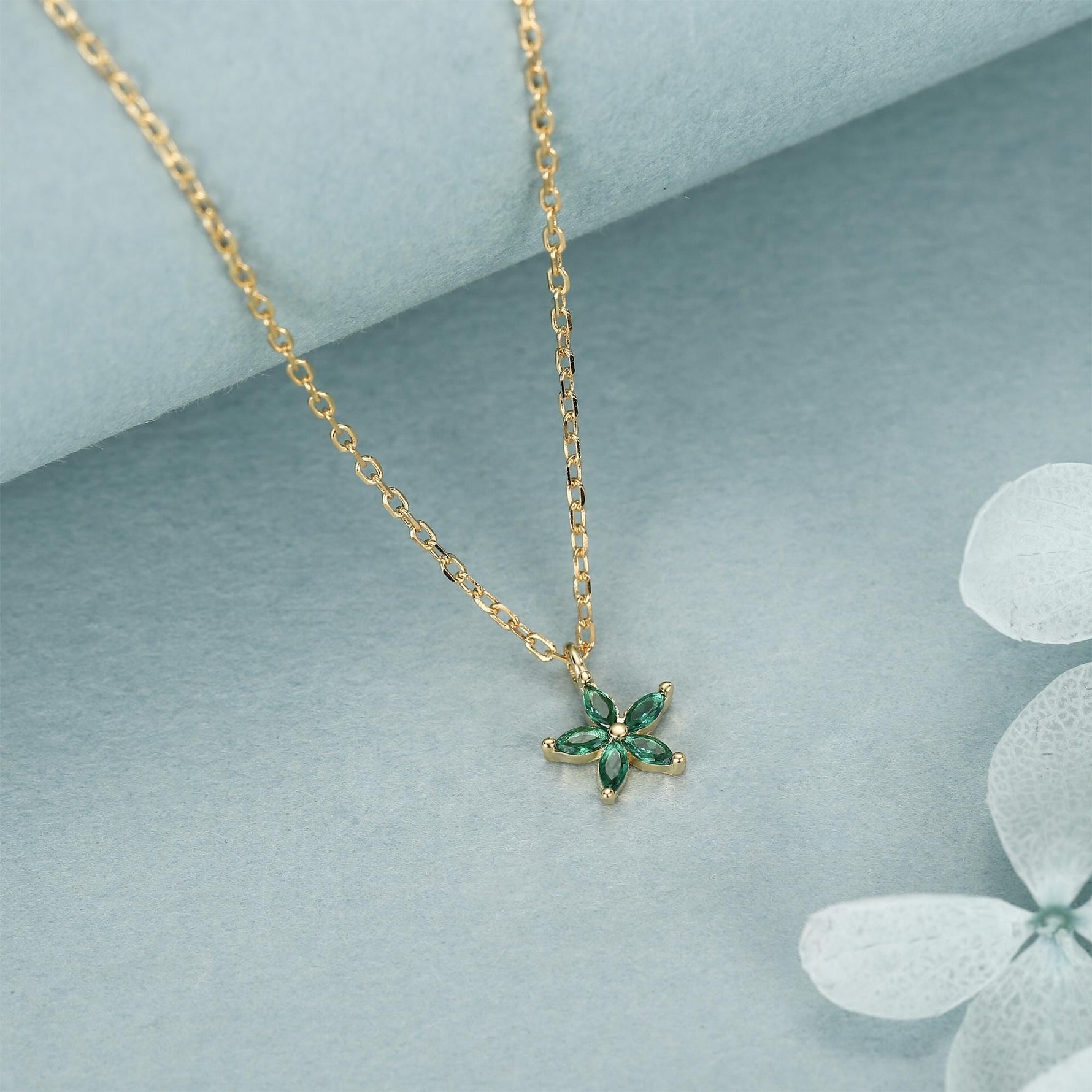 Tiny Emerald Green CZ Flower Necklace in Sterling Silver, Silver or Gold, CZ Flower Necklace, CZ Cluster Floral Necklace