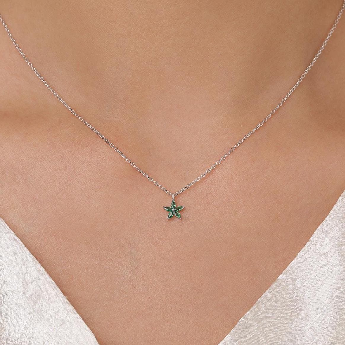 Tiny Emerald Green CZ Flower Necklace in Sterling Silver, Silver or Gold, CZ Flower Necklace, CZ Cluster Floral Necklace