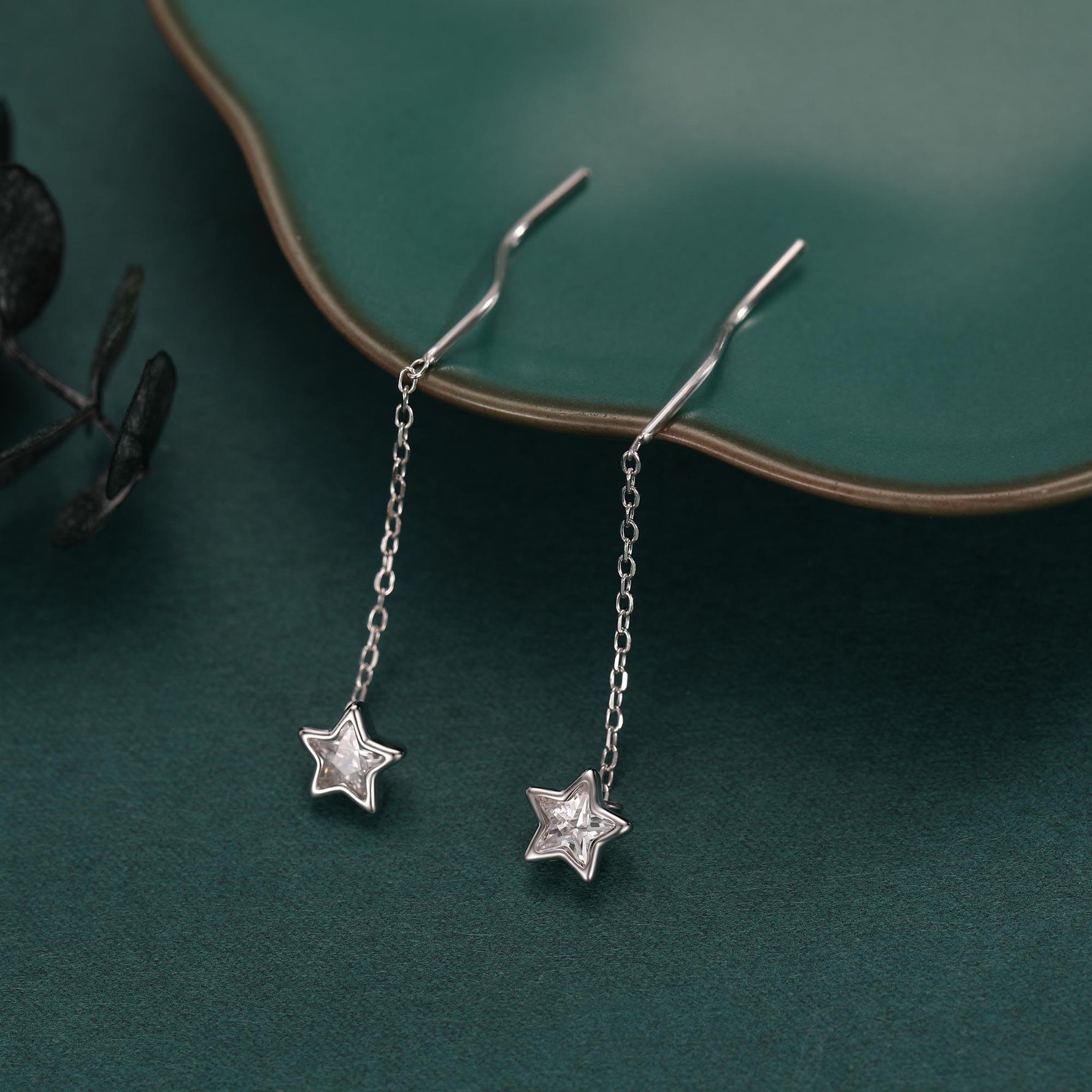 Star Bezel CZ Crystal Threader Earrings in Sterling Silver, Silver or Gold, Minimalist Star Cut Ear Threaders