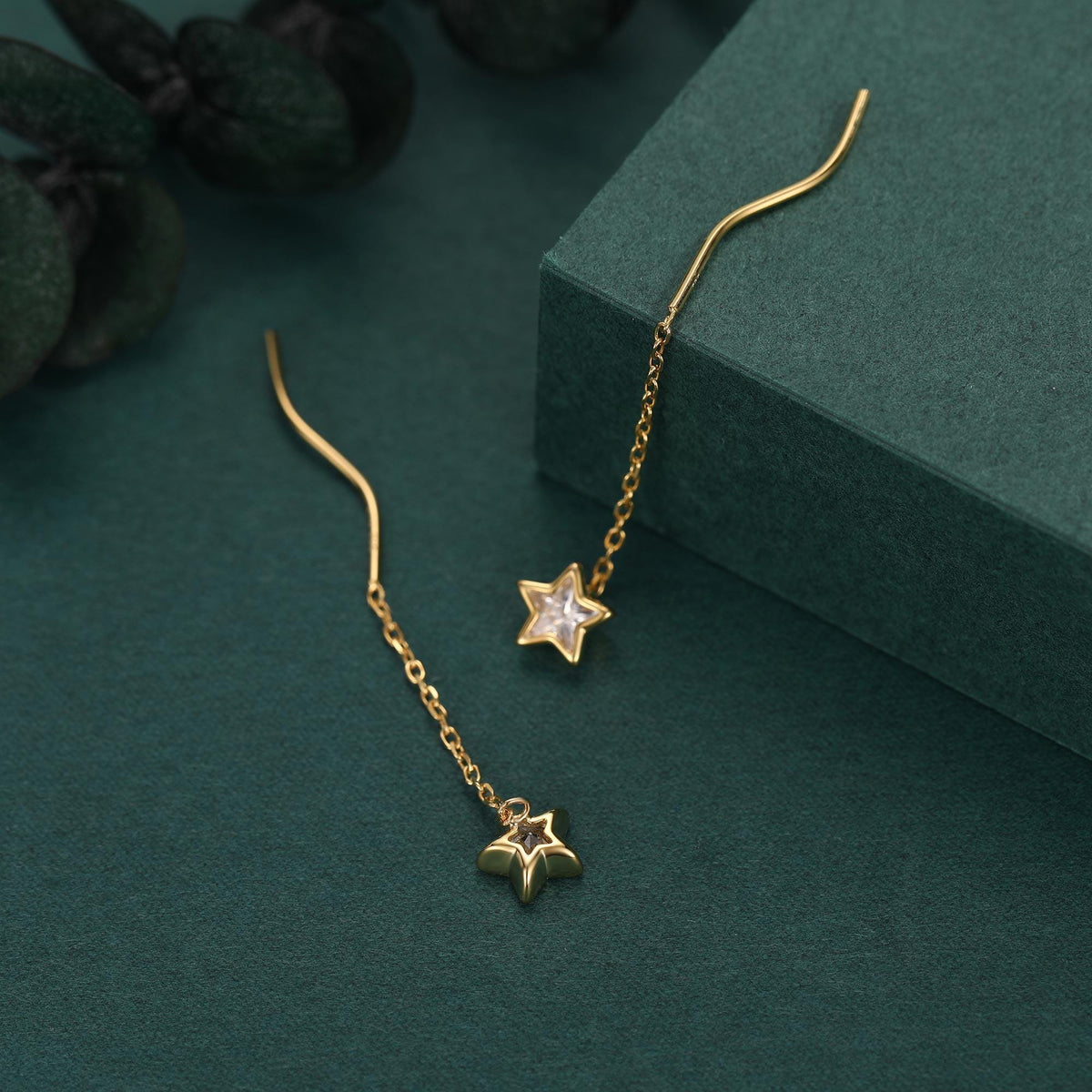 Star Bezel CZ Crystal Threader Earrings in Sterling Silver, Silver or Gold, Minimalist Star Cut Ear Threaders