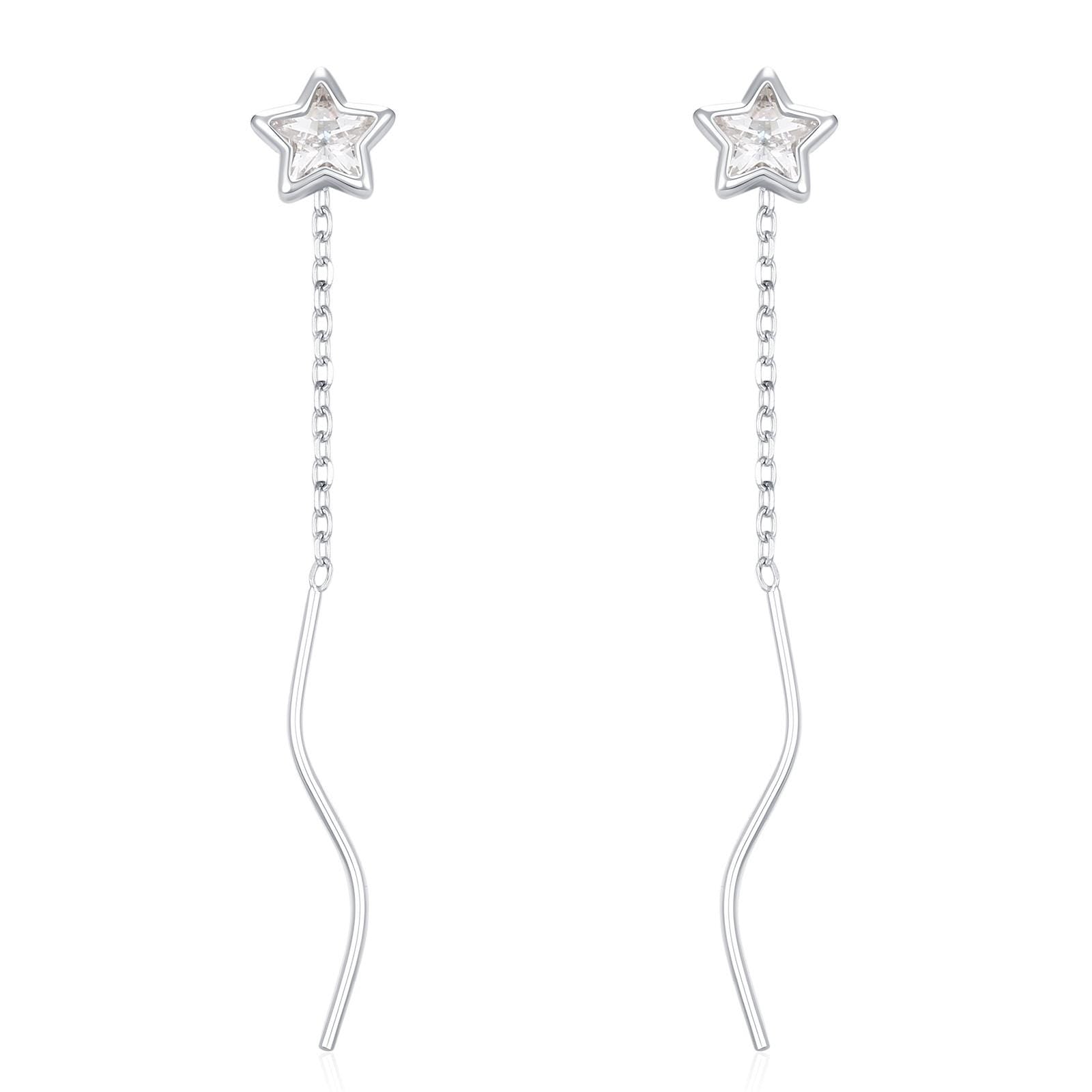 Star Bezel CZ Crystal Threader Earrings in Sterling Silver, Silver or Gold, Minimalist Star Cut Ear Threaders