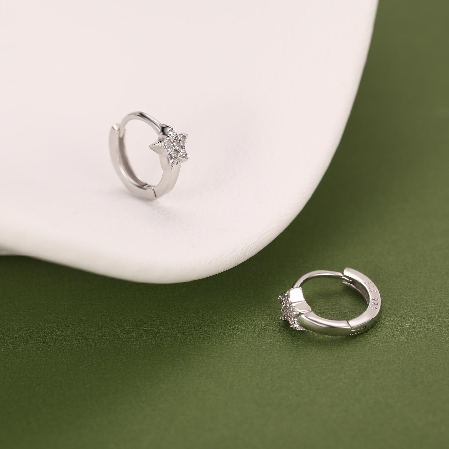 Tiny CZ Star Huggie Hoop Earrings in Sterling Silver, Silver, Gold or Rose Gold, North Star Earrings, Sunburst Earrings