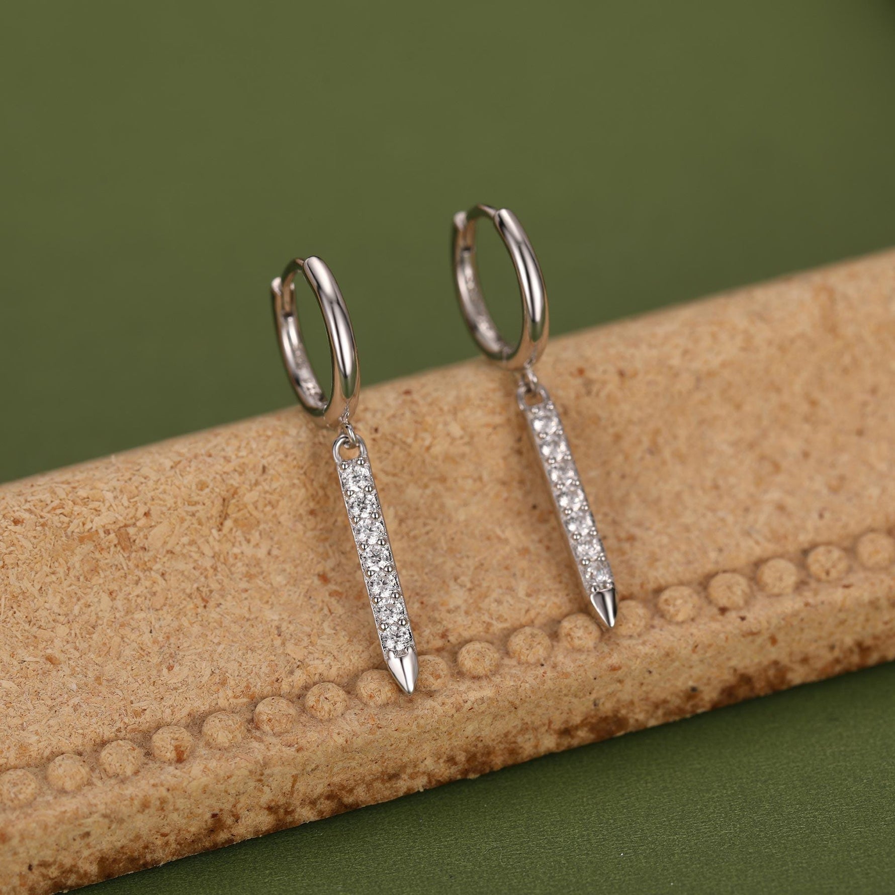 Sterling Silver Dangle CZ Bars Huggie Hoop Earrings, 8mm Hoops with CZ Bars, CZ Bar Earrings, Bar Dangle Hoops, Bar Earrings