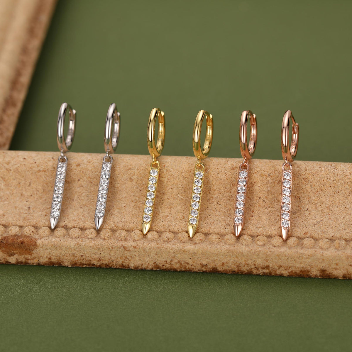 Sterling Silver Dangle CZ Bars Huggie Hoop Earrings, 8mm Hoops with CZ Bars, CZ Bar Earrings, Bar Dangle Hoops, Bar Earrings