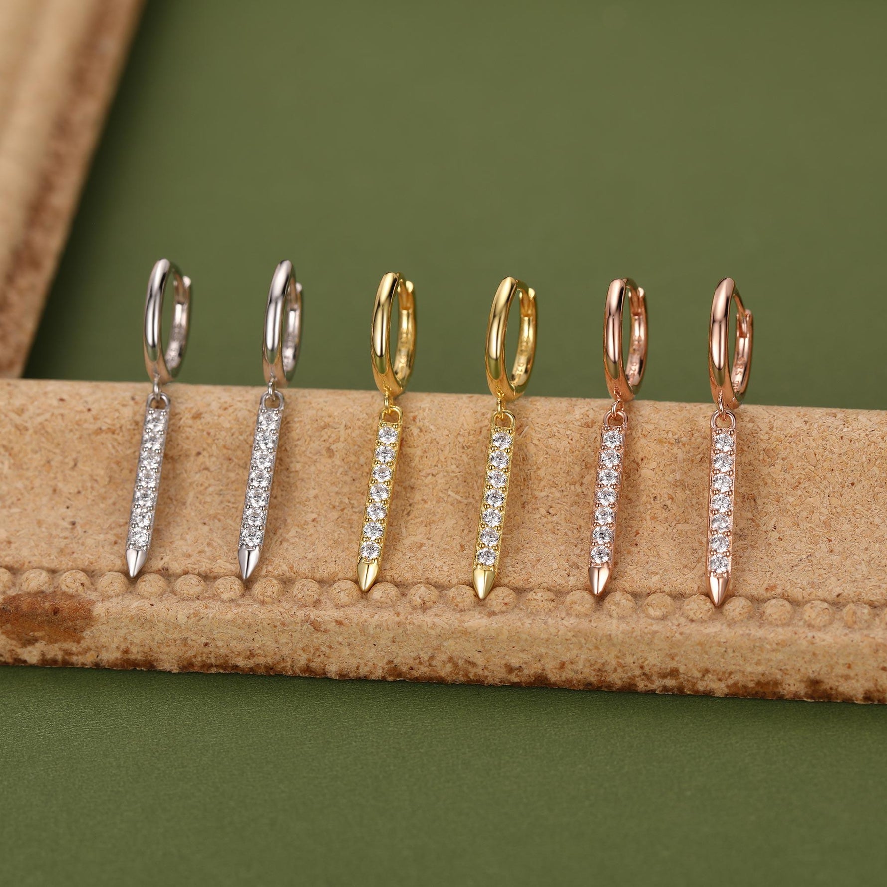 Sterling Silver Dangle CZ Bars Huggie Hoop Earrings, 8mm Hoops with CZ Bars, CZ Bar Earrings, Bar Dangle Hoops, Bar Earrings