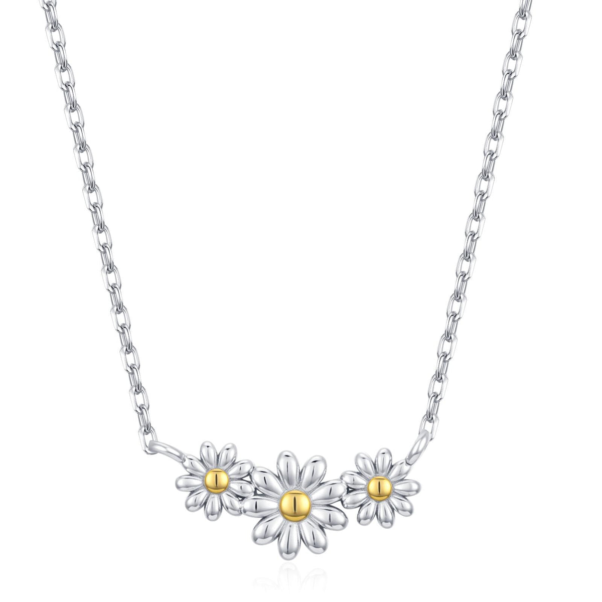 Sterling Silver Daisy Flower Trio Pendant Necklace, Three Flower Necklace, Daisy Chain Necklace, Two Tone Flower Pendant Necklace