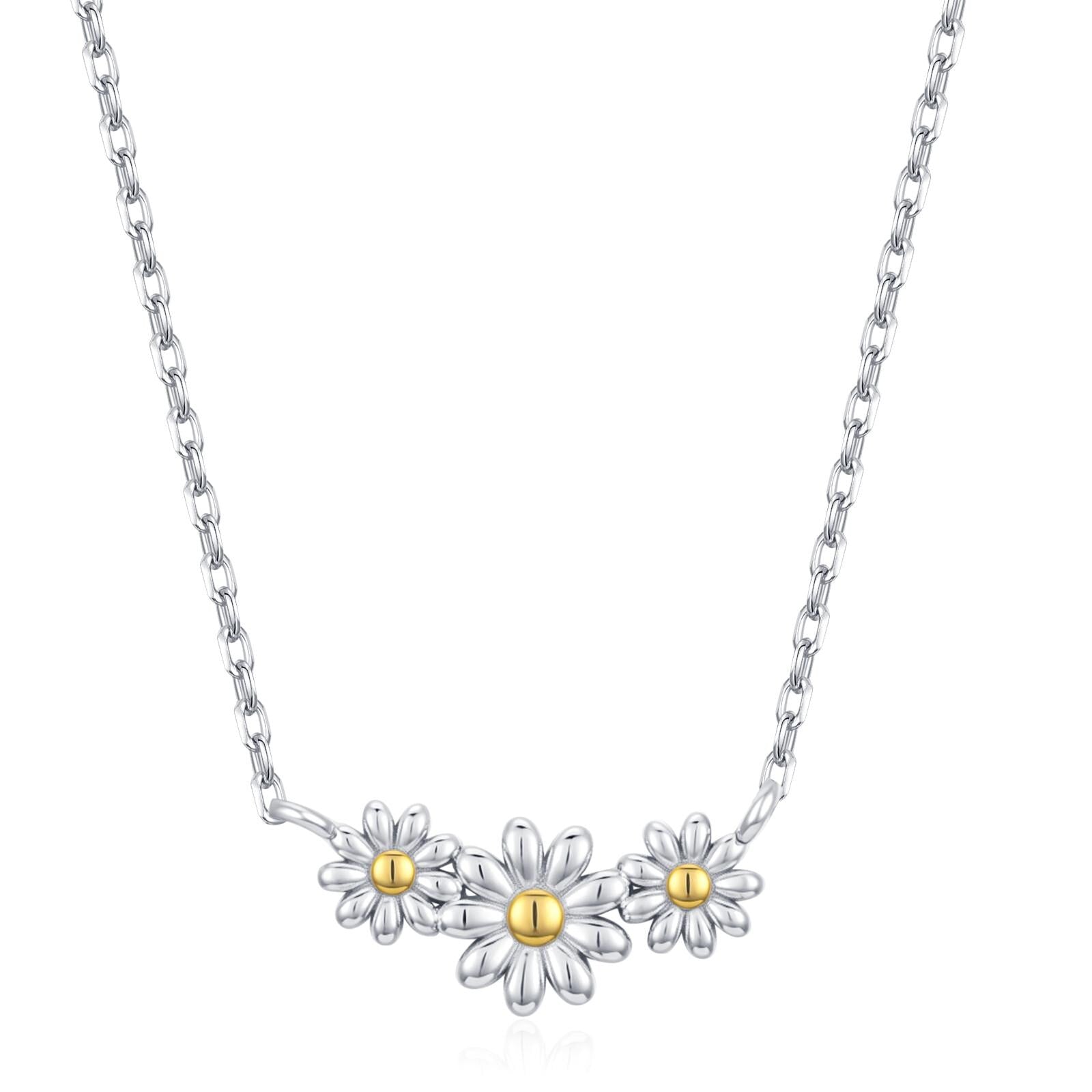 Sterling Silver Daisy Flower Trio Pendant Necklace, Three Flower Necklace, Daisy Chain Necklace, Two Tone Flower Pendant Necklace