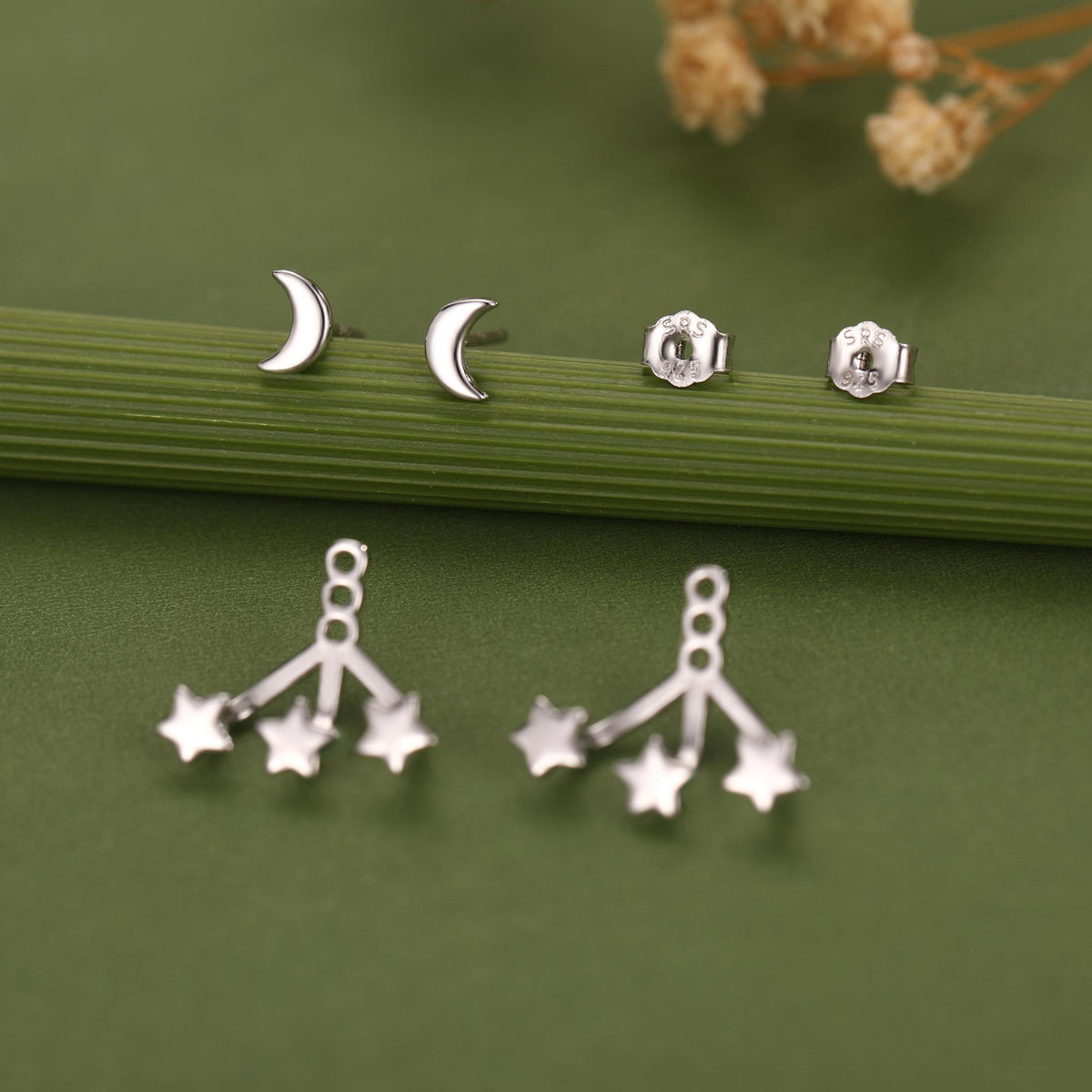 Moon and Star Ear Jacket in Sterling Silver, Three Star and Moon Earrings in Sterling Silver, Silver, Gold or Rose Gold, Front and Back