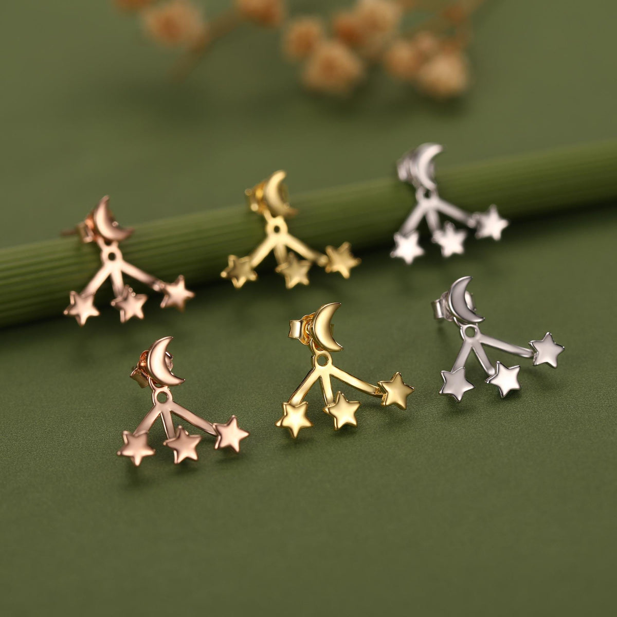 Moon and Star Ear Jacket in Sterling Silver, Three Star and Moon Earrings in Sterling Silver, Silver, Gold or Rose Gold, Front and Back