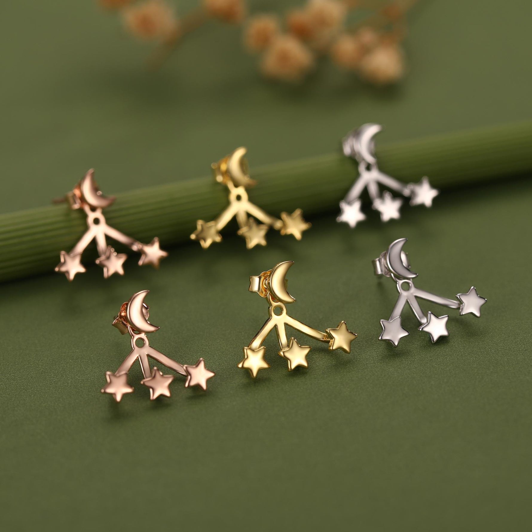 Moon and Star Ear Jacket in Sterling Silver, Three Star and Moon Earrings in Sterling Silver, Silver, Gold or Rose Gold, Front and Back