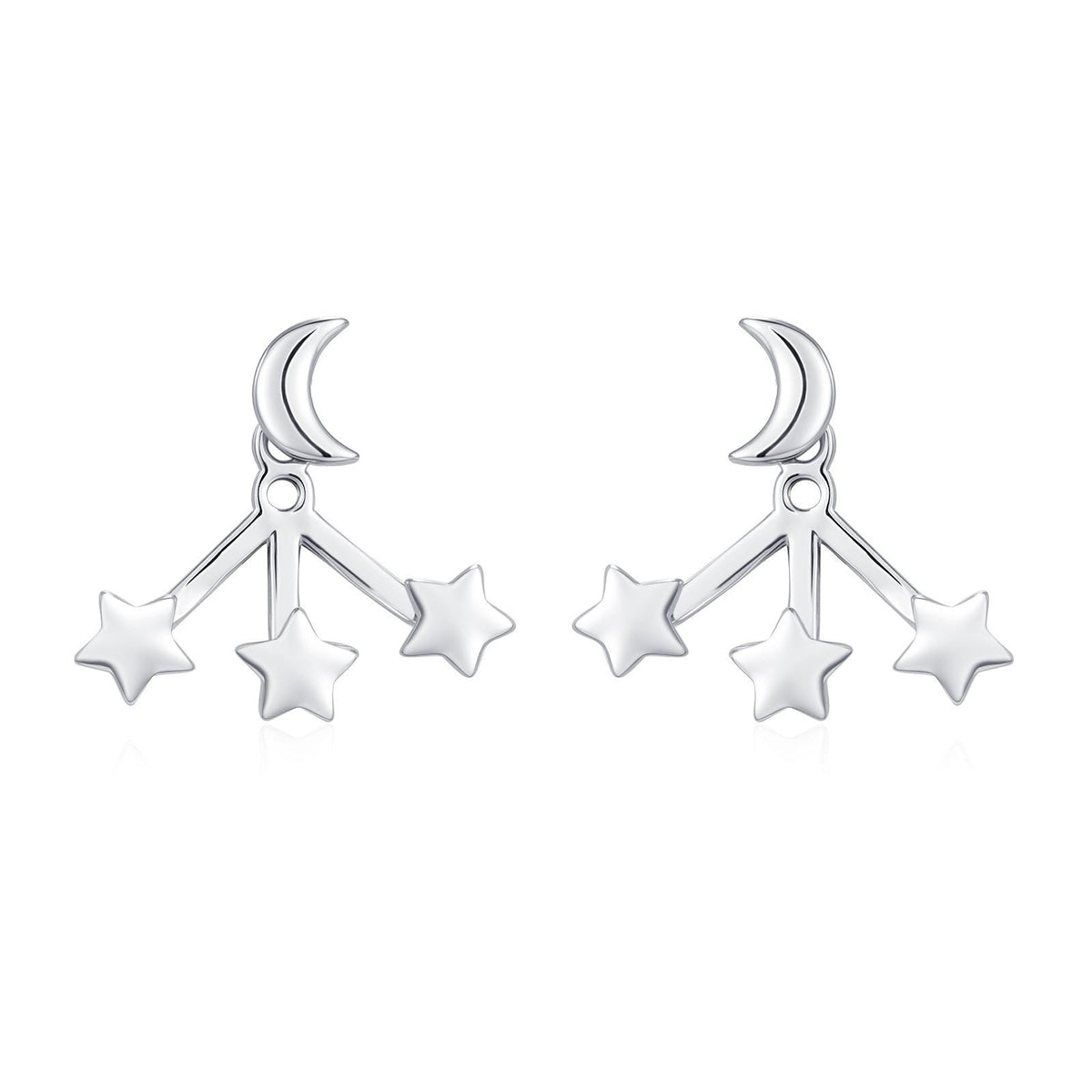 Moon and Star Ear Jacket in Sterling Silver, Three Star and Moon Earrings in Sterling Silver, Silver, Gold or Rose Gold, Front and Back