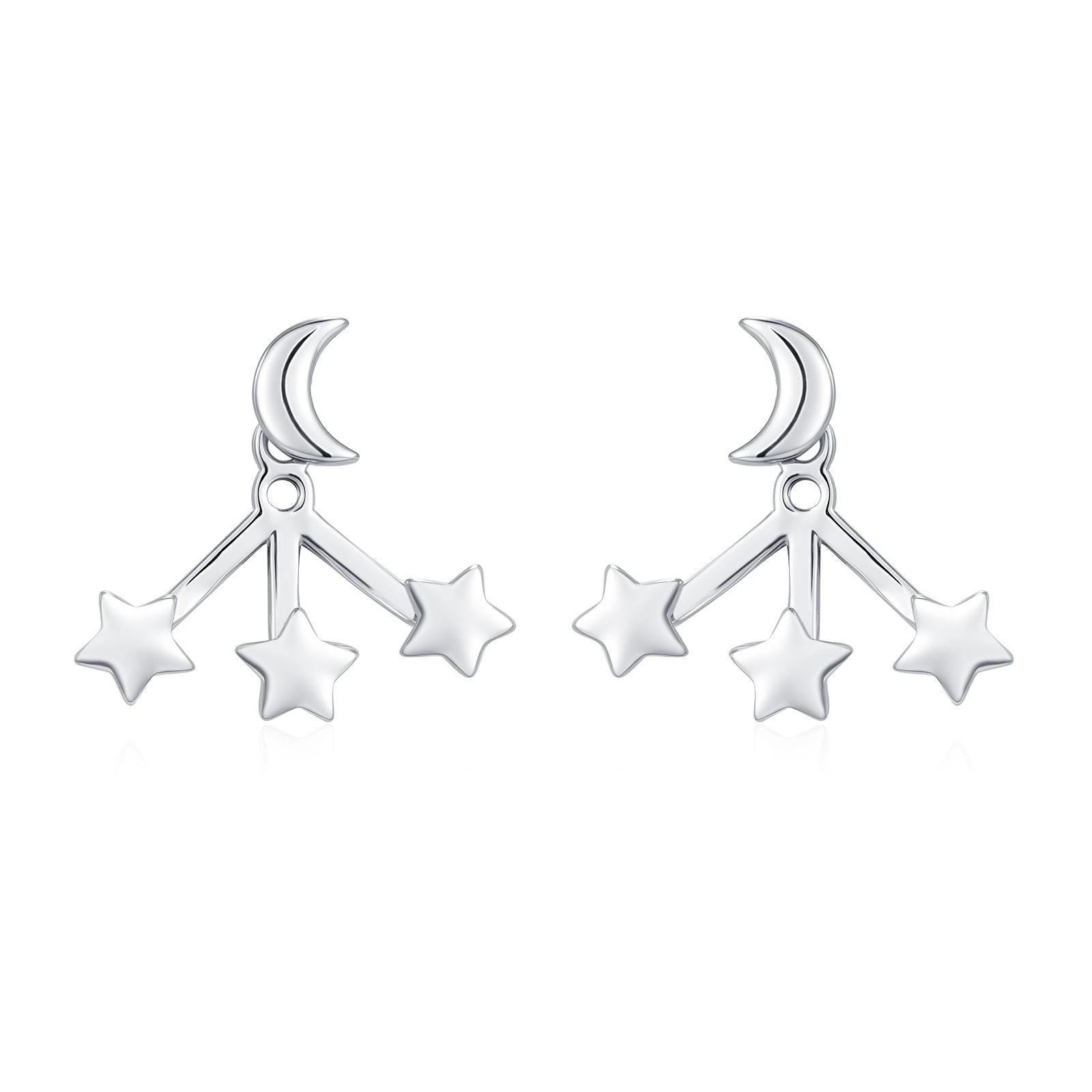 Moon and Star Ear Jacket in Sterling Silver, Three Star and Moon Earrings in Sterling Silver, Silver, Gold or Rose Gold, Front and Back