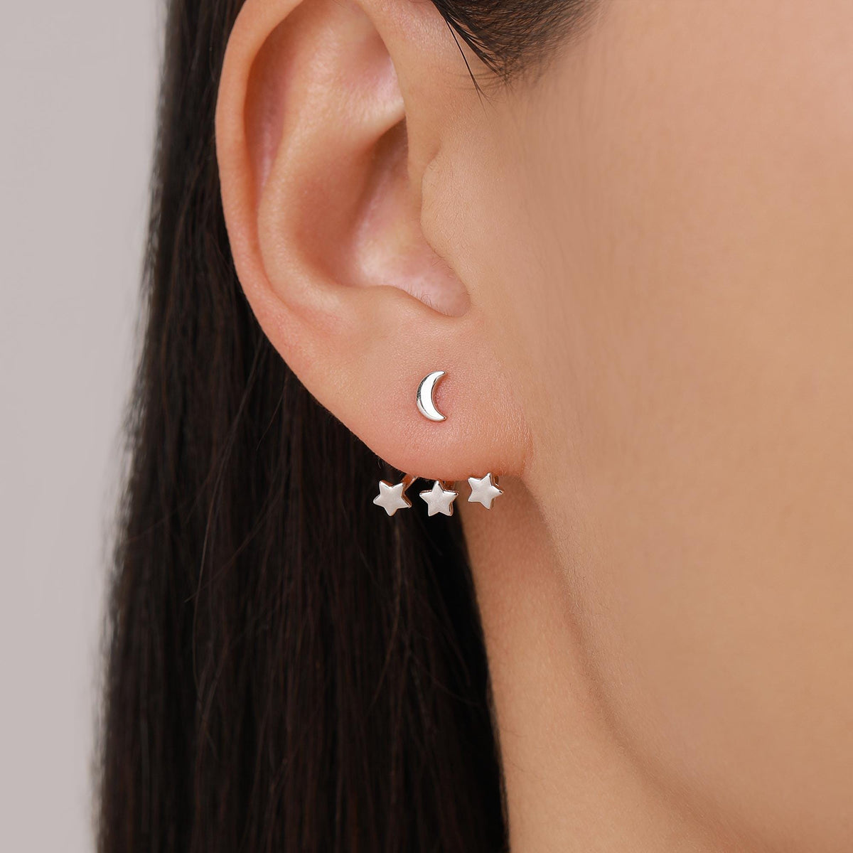 Moon and Star Ear Jacket in Sterling Silver, Three Star and Moon Earrings in Sterling Silver, Silver, Gold or Rose Gold, Front and Back