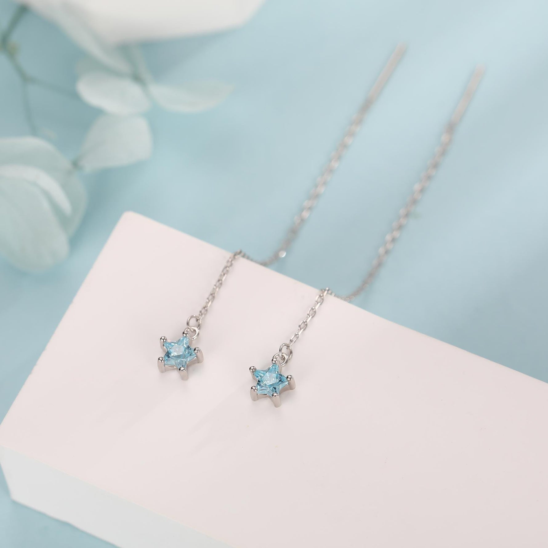 Aquamarine Blue Star CZ Threader Earrings in Sterling Silver, Crystal Star Ear Threaders