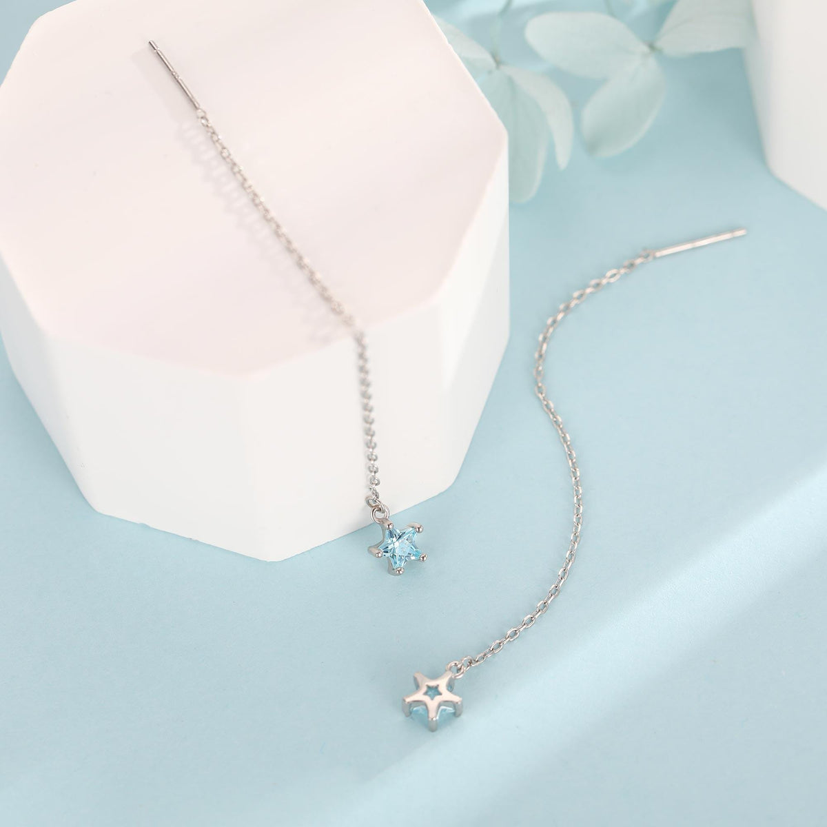 Aquamarine Blue Star CZ Threader Earrings in Sterling Silver, Crystal Star Ear Threaders