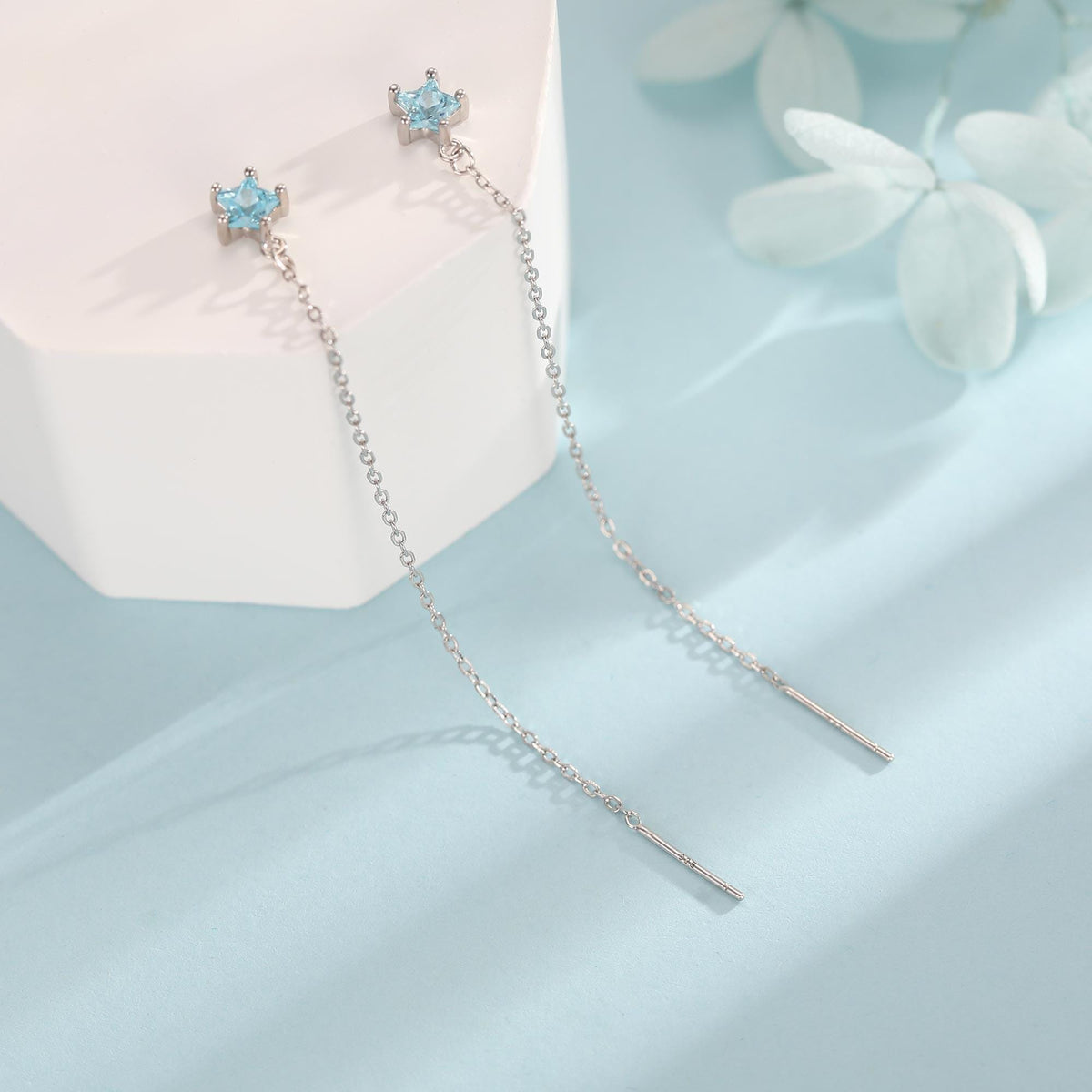 Aquamarine Blue Star CZ Threader Earrings in Sterling Silver, Crystal Star Ear Threaders