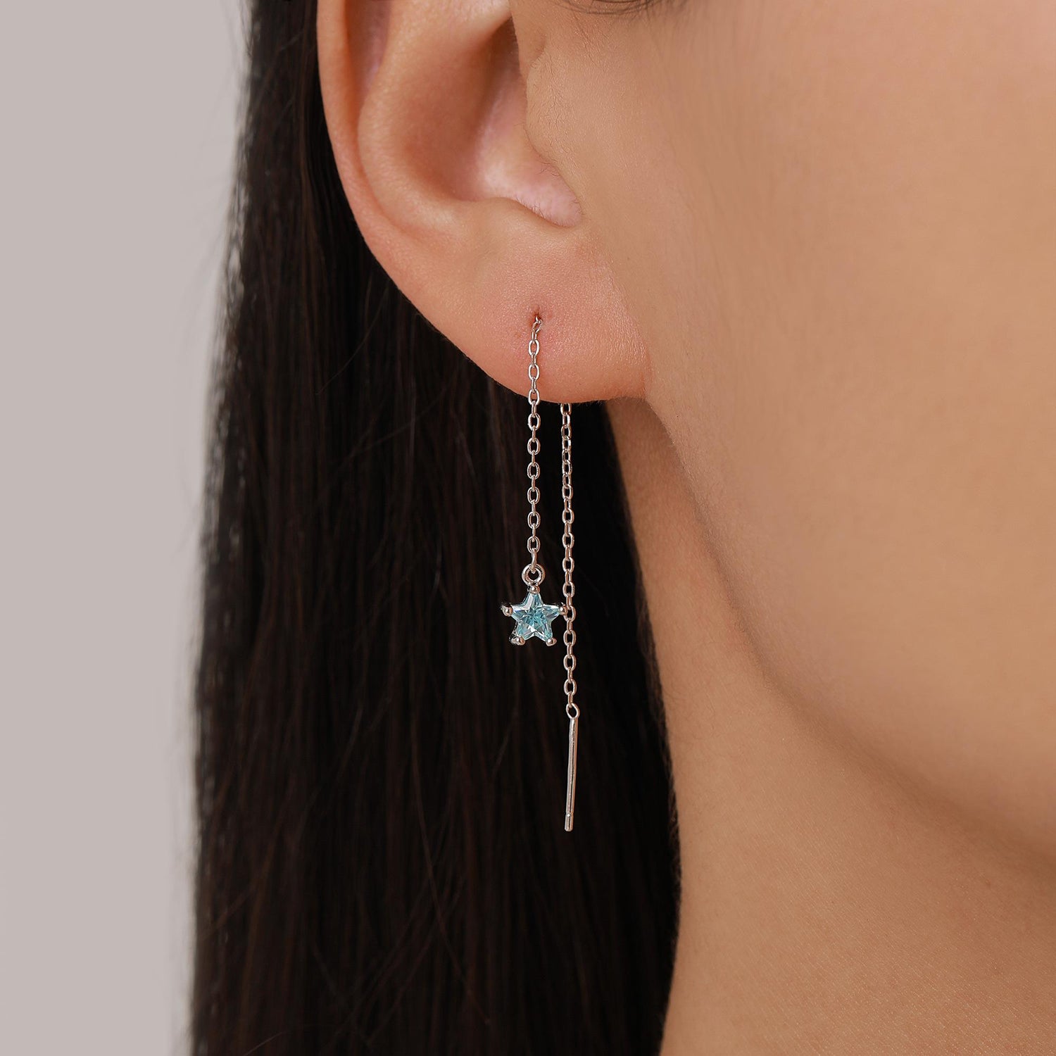 Aquamarine Blue Star CZ Threader Earrings in Sterling Silver, Crystal Star Ear Threaders