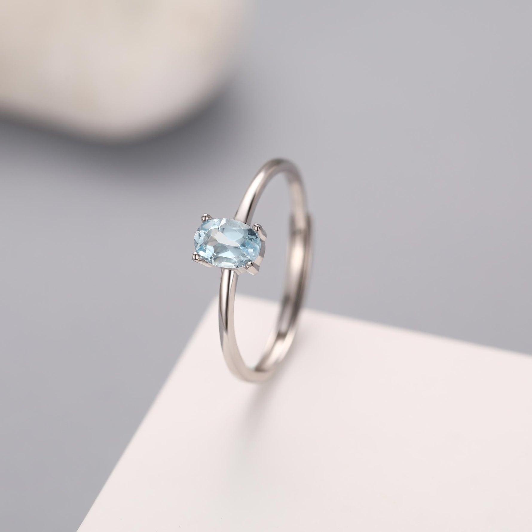 Natural Blue Topaz Oval Ring in Sterling Silver, 4x6mm, Prong Set Oval Cut, Adjustable Size, Genuine Topaz Ring