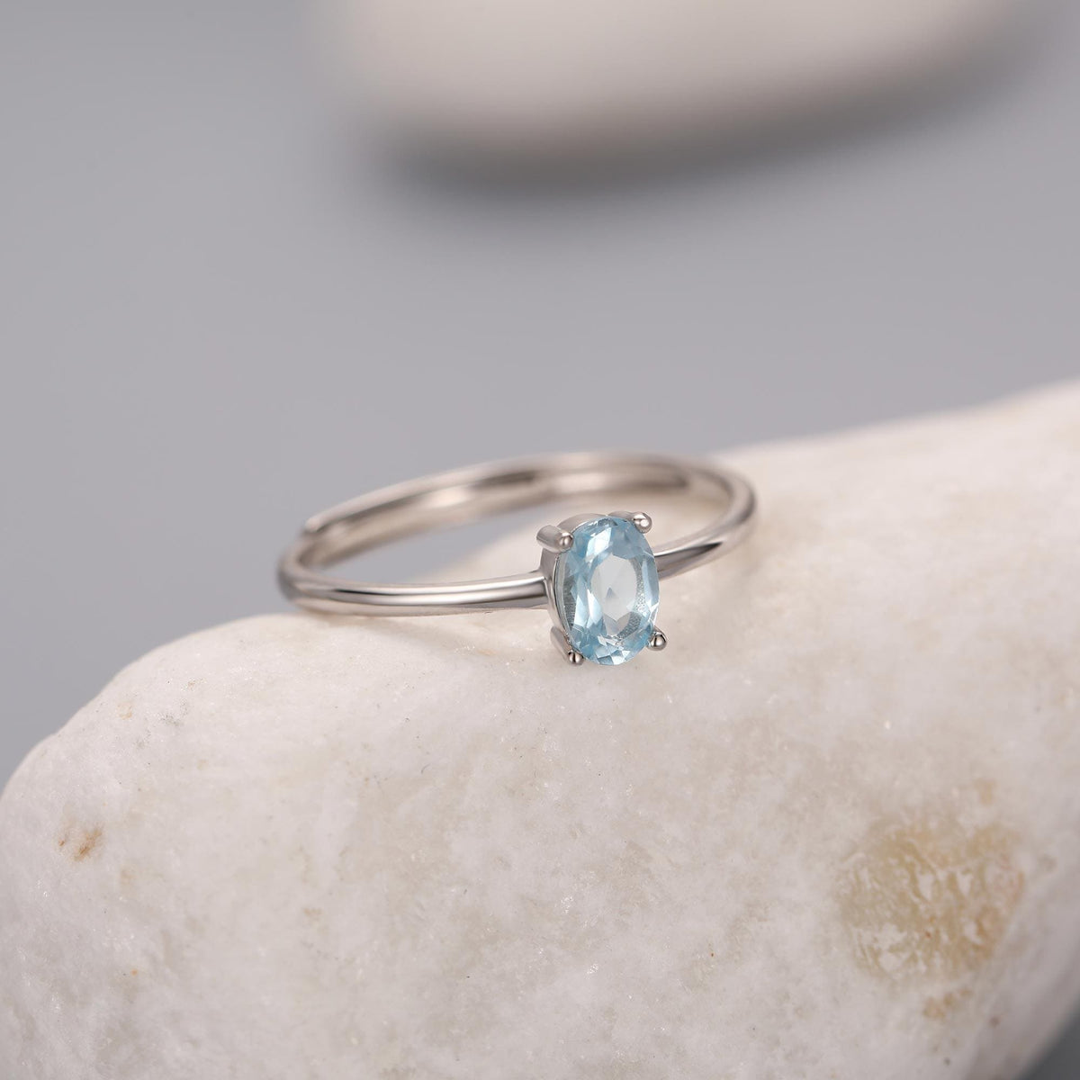 Natural Blue Topaz Oval Ring in Sterling Silver, 4x6mm, Prong Set Oval Cut, Adjustable Size, Genuine Topaz Ring