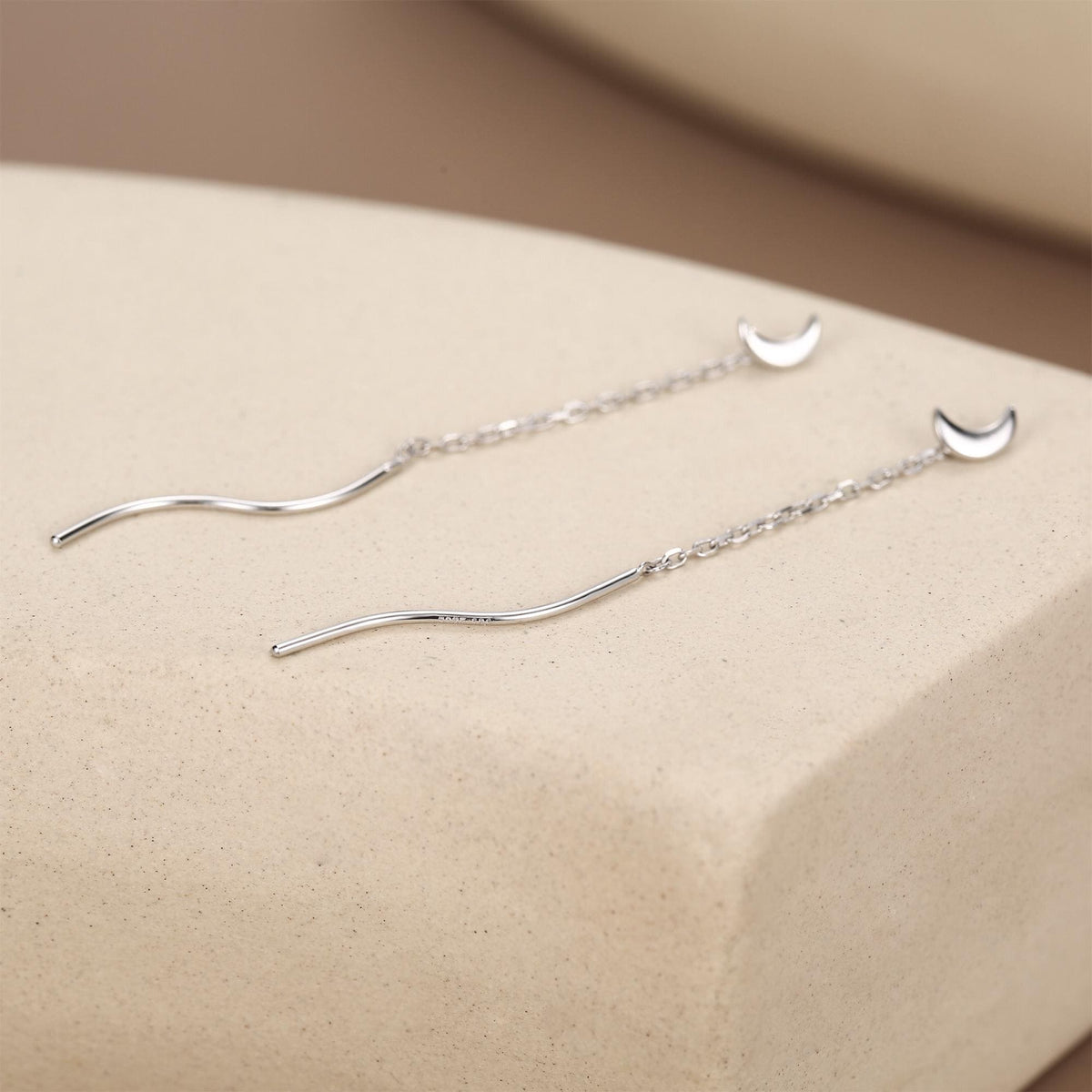 Sterling Silver Dainty Crescent Moon Threader Earrings, Silver or Gold, Swirl Ear Threader, Elegant and Pretty, Minimalist and Geometric