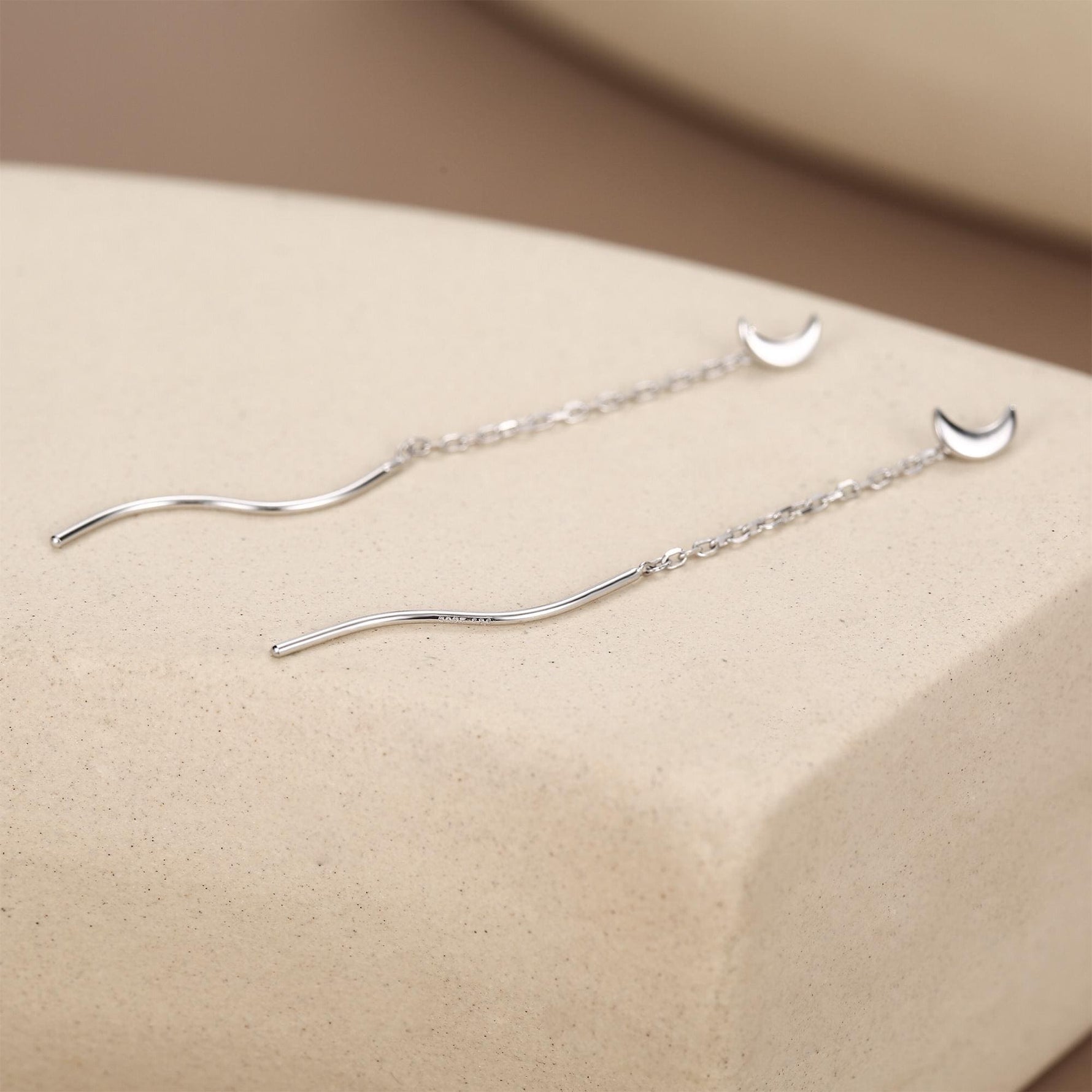 Sterling Silver Dainty Crescent Moon Threader Earrings, Silver or Gold, Swirl Ear Threader, Elegant and Pretty, Minimalist and Geometric