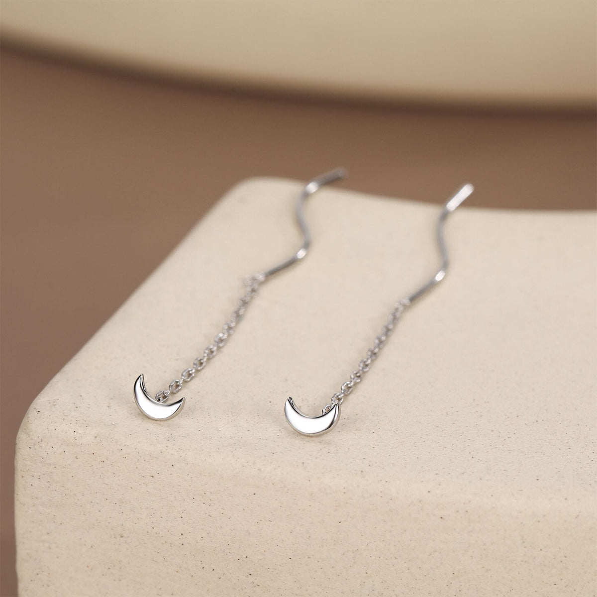 Sterling Silver Dainty Crescent Moon Threader Earrings, Silver or Gold, Swirl Ear Threader, Elegant and Pretty, Minimalist and Geometric