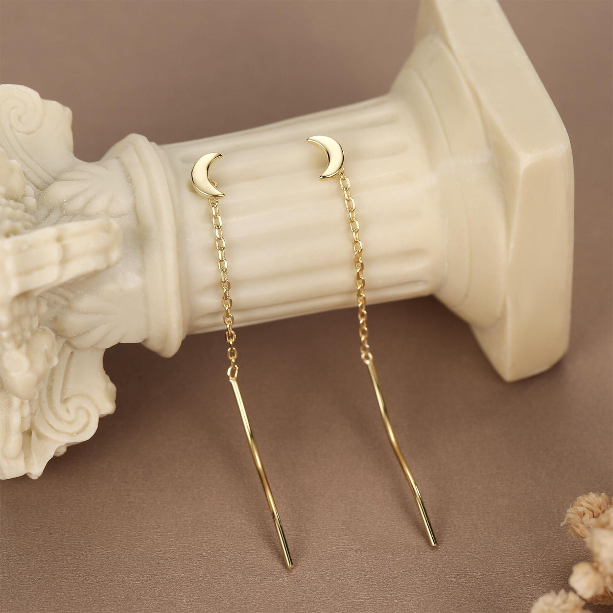 Sterling Silver Dainty Crescent Moon Threader Earrings, Silver or Gold, Swirl Ear Threader, Elegant and Pretty, Minimalist and Geometric