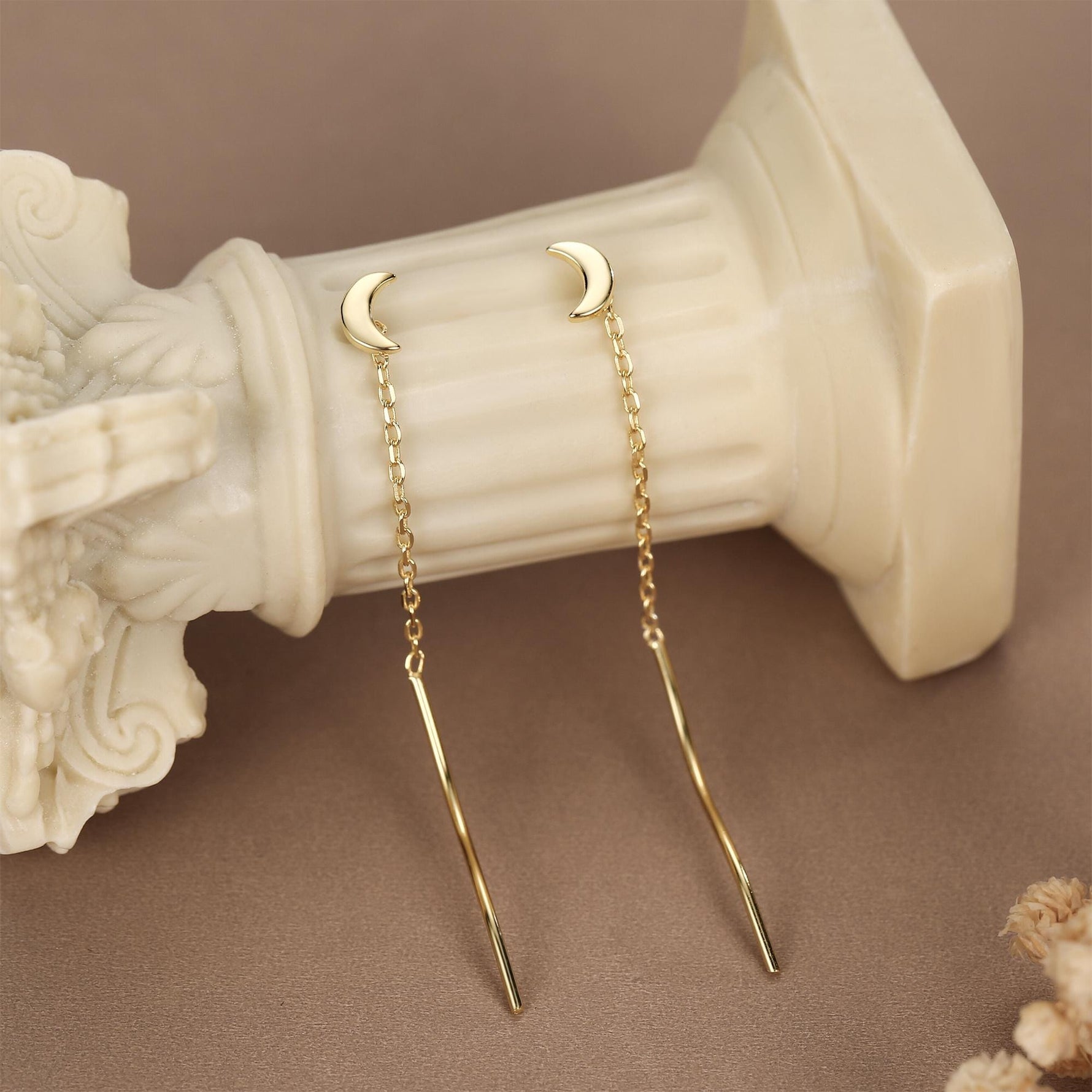 Sterling Silver Dainty Crescent Moon Threader Earrings, Silver or Gold, Swirl Ear Threader, Elegant and Pretty, Minimalist and Geometric