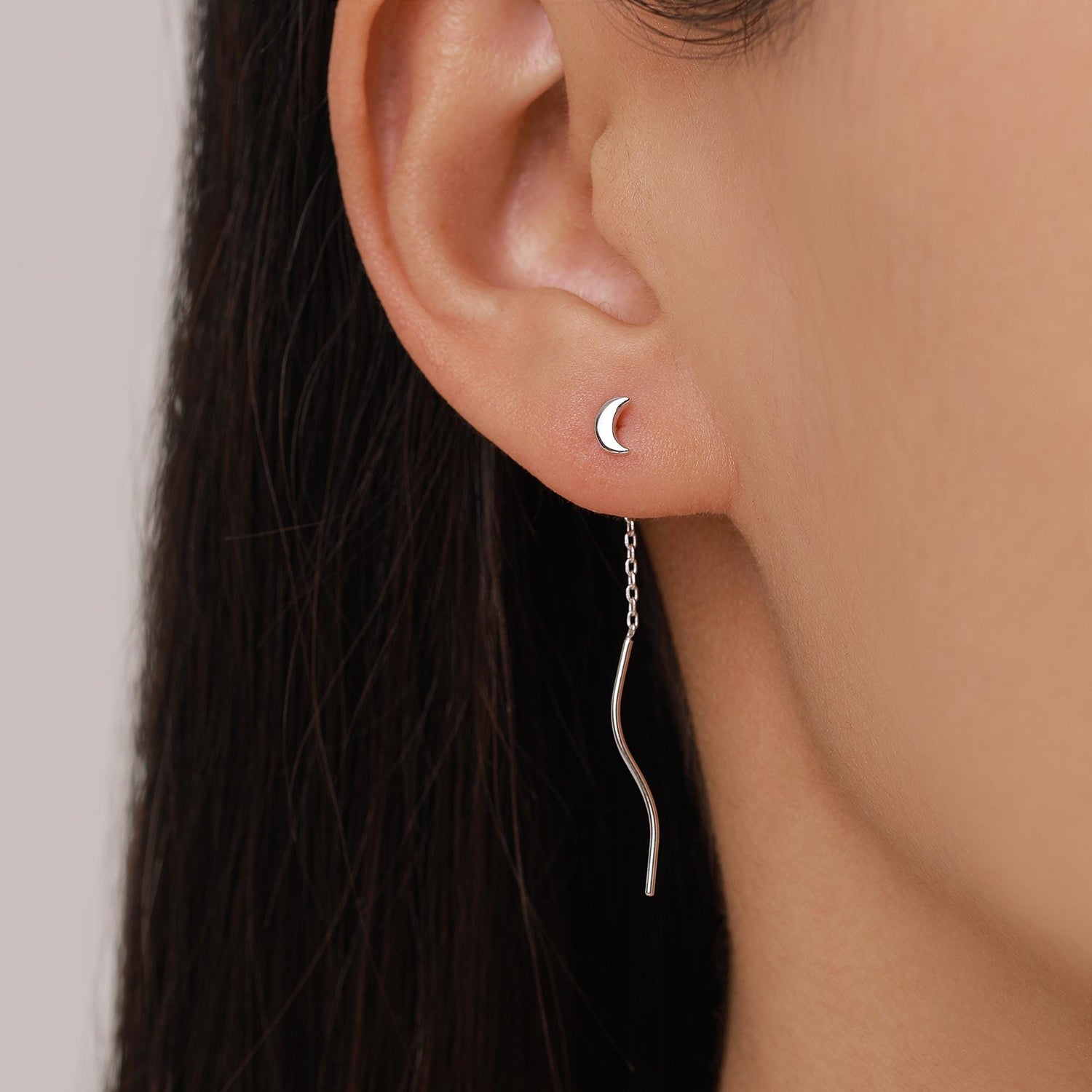 Sterling Silver Dainty Crescent Moon Threader Earrings, Silver or Gold, Swirl Ear Threader, Elegant and Pretty, Minimalist and Geometric