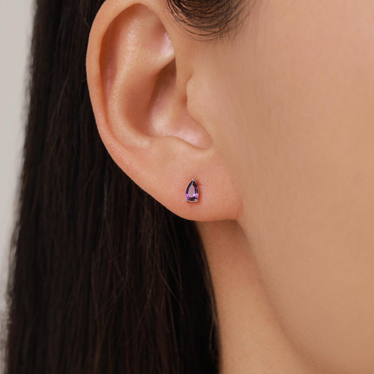 Extra Tiny Genuine Amethyst Droplet Stud Earrings in Sterling Silver, 3x5mm Amethyst Crystal Earrings, Natural Purple Amethyst Pear Earrings
