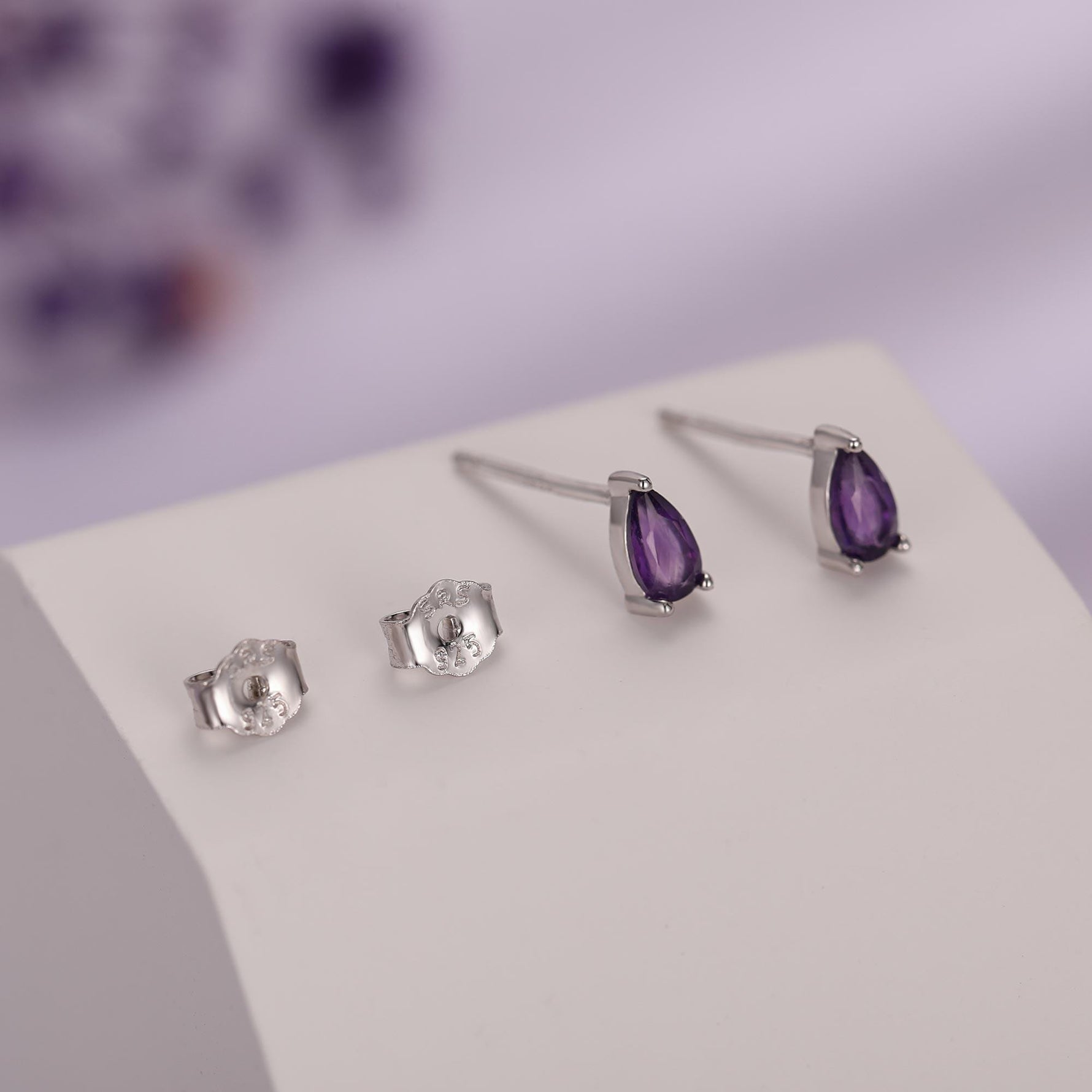 Extra Tiny Genuine Amethyst Droplet Stud Earrings in Sterling Silver, 3x5mm Amethyst Crystal Earrings, Natural Purple Amethyst Pear Earrings