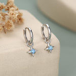 Tiny Blue Opal Starburst Huggie Hoop Earrings in Sterling Silver, Silver or Gold, Detachable Charms, Lab Opal North Star Drop Earrings