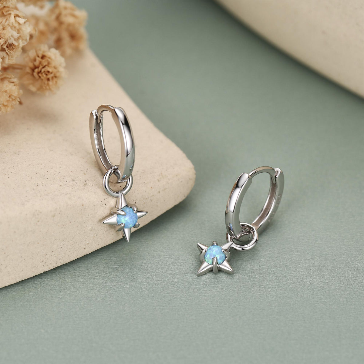 Tiny Blue Opal Starburst Huggie Hoop Earrings in Sterling Silver, Silver or Gold, Detachable Charms, Lab Opal North Star Drop Earrings