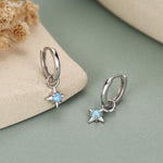 Tiny Blue Opal Starburst Huggie Hoop Earrings in Sterling Silver, Silver or Gold, Detachable Charms, Lab Opal North Star Drop Earrings