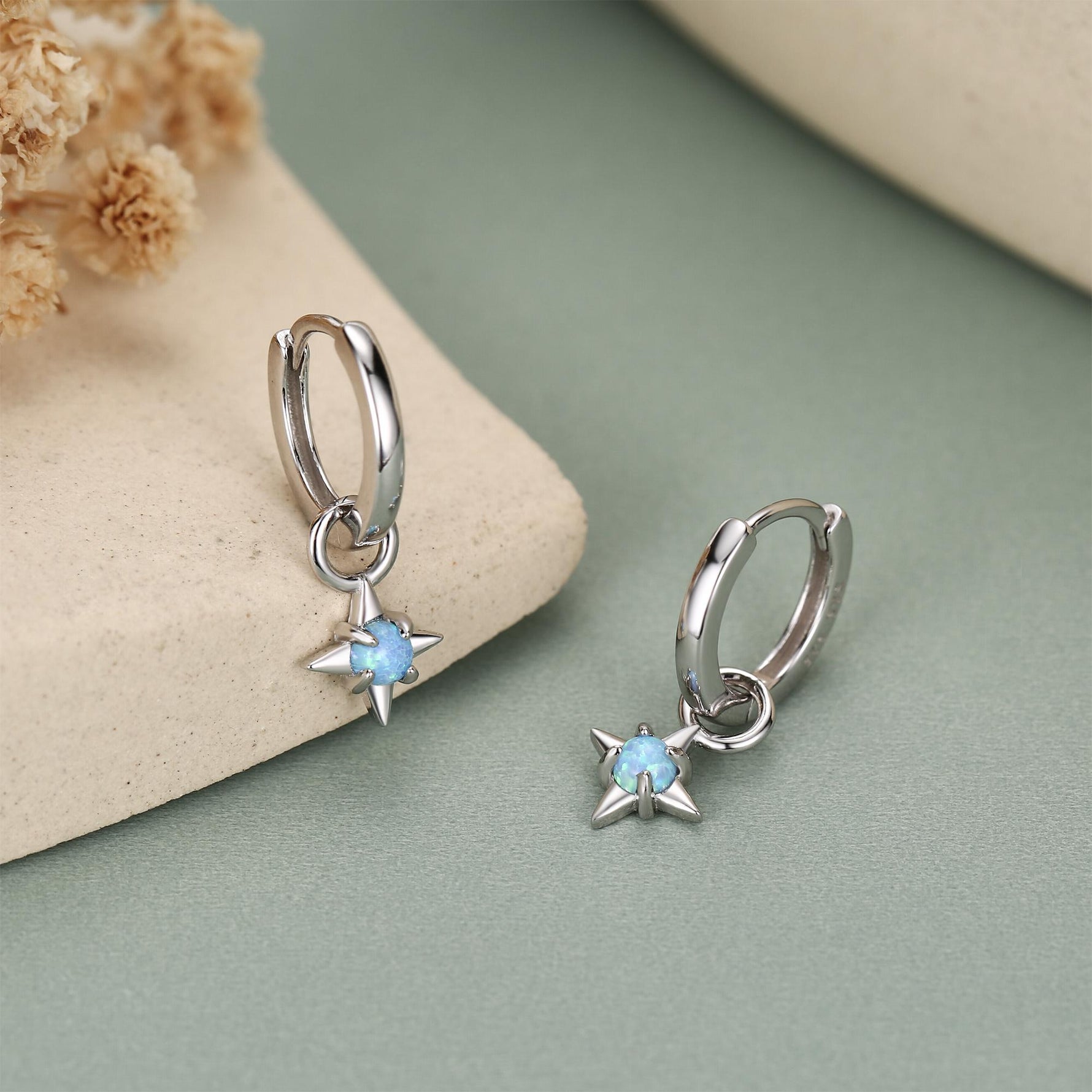Tiny Blue Opal Starburst Huggie Hoop Earrings in Sterling Silver, Silver or Gold, Detachable Charms, Lab Opal North Star Drop Earrings