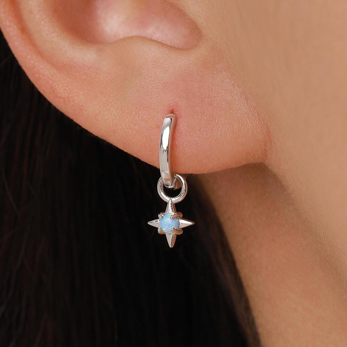 Tiny Blue Opal Starburst Huggie Hoop Earrings in Sterling Silver, Silver or Gold, Detachable Charms, Lab Opal North Star Drop Earrings