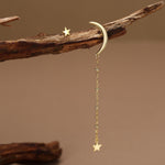 Sterling Silver Asymmetric Moon and Star Long Stud Earrings - - Silver or Gold - Drop Dangling Earrings - Cute Fun and Quirky