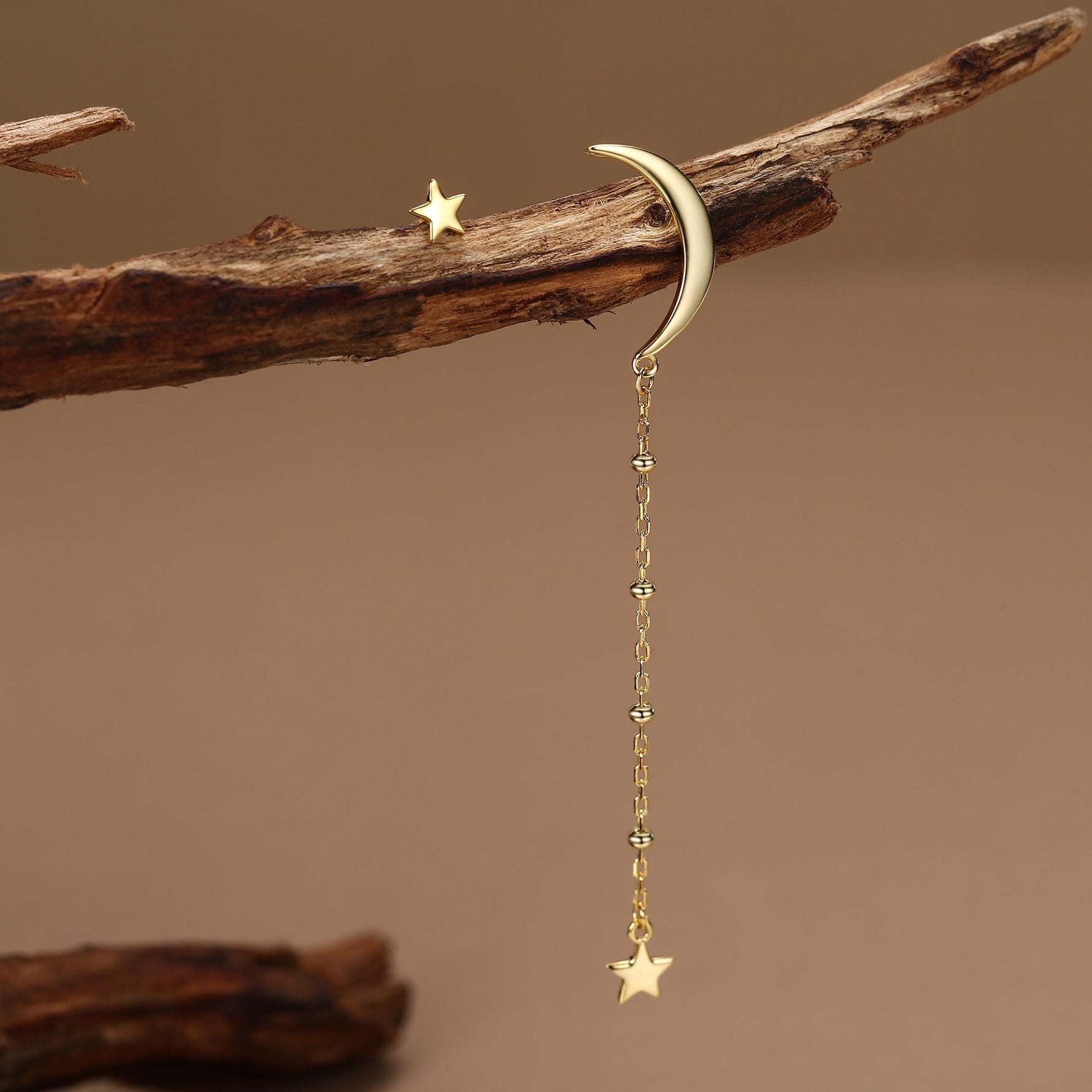 Sterling Silver Asymmetric Moon and Star Long Stud Earrings - - Silver or Gold - Drop Dangling Earrings - Cute Fun and Quirky