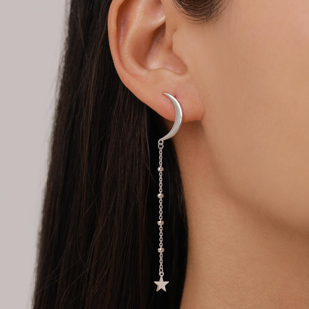 Sterling Silver Asymmetric Moon and Star Long Stud Earrings - - Silver or Gold - Drop Dangling Earrings - Cute Fun and Quirky