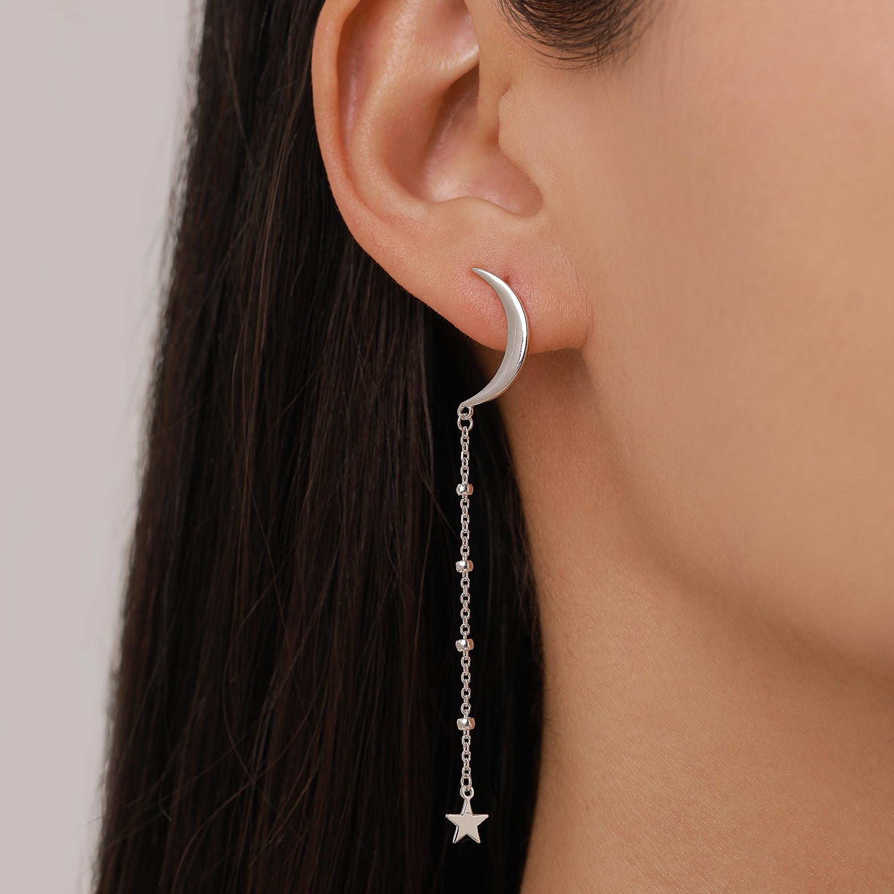 Sterling Silver Asymmetric Moon and Star Long Stud Earrings - - Silver or Gold - Drop Dangling Earrings - Cute Fun and Quirky