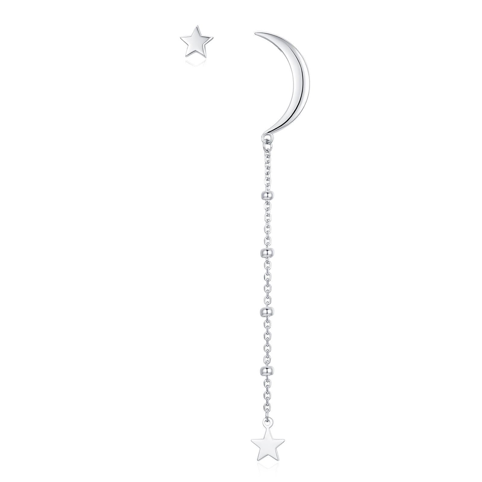 Sterling Silver Asymmetric Moon and Star Long Stud Earrings - - Silver or Gold - Drop Dangling Earrings - Cute Fun and Quirky