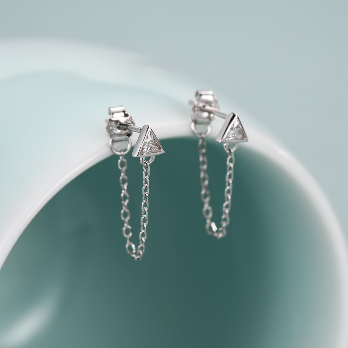 Tiny Triangle CZ Chain Earrings in Sterling Silver, Silver or Gold, Triangle CZ Ear Jacket, CZ Jacket Earrings