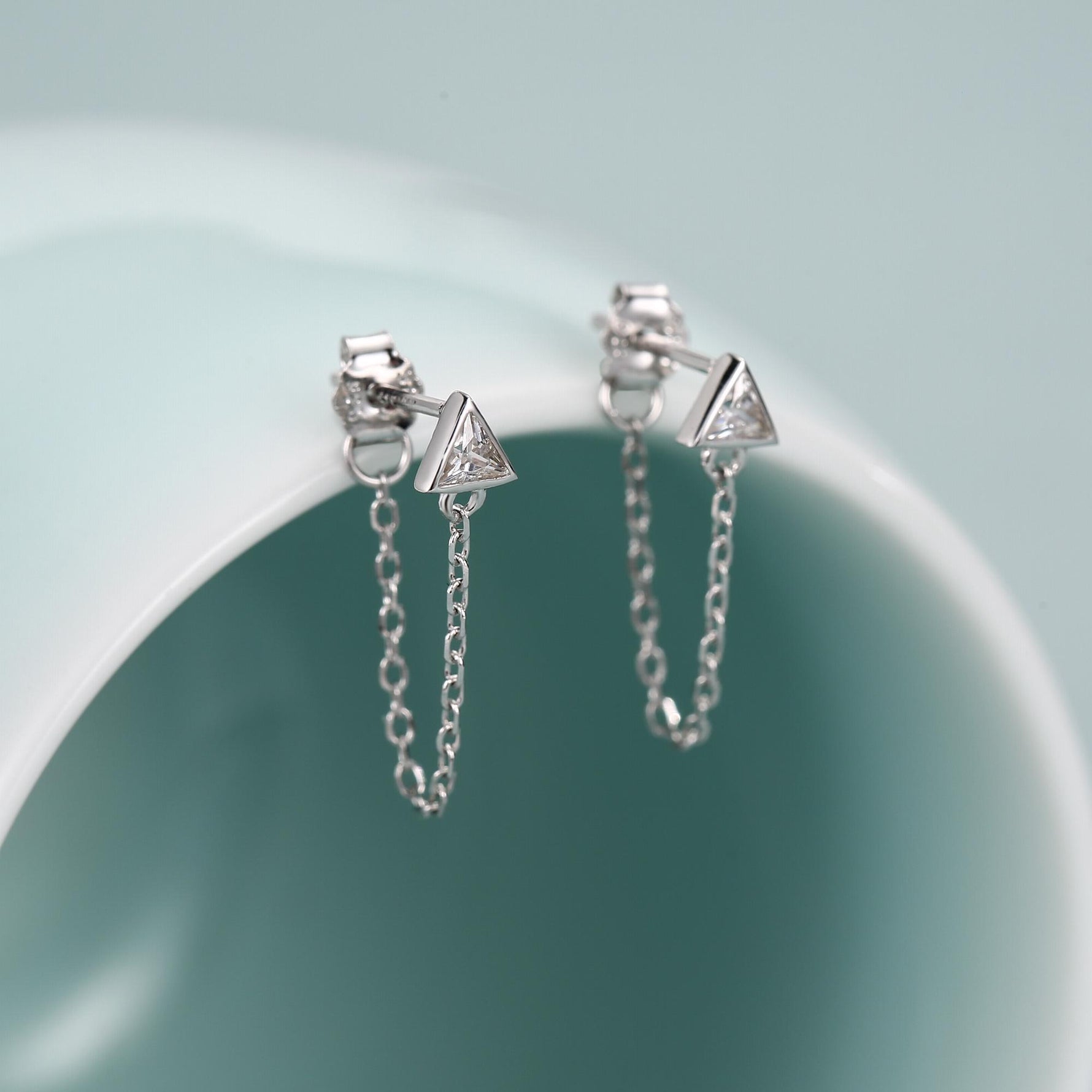 Tiny Triangle CZ Chain Earrings in Sterling Silver, Silver or Gold, Triangle CZ Ear Jacket, CZ Jacket Earrings