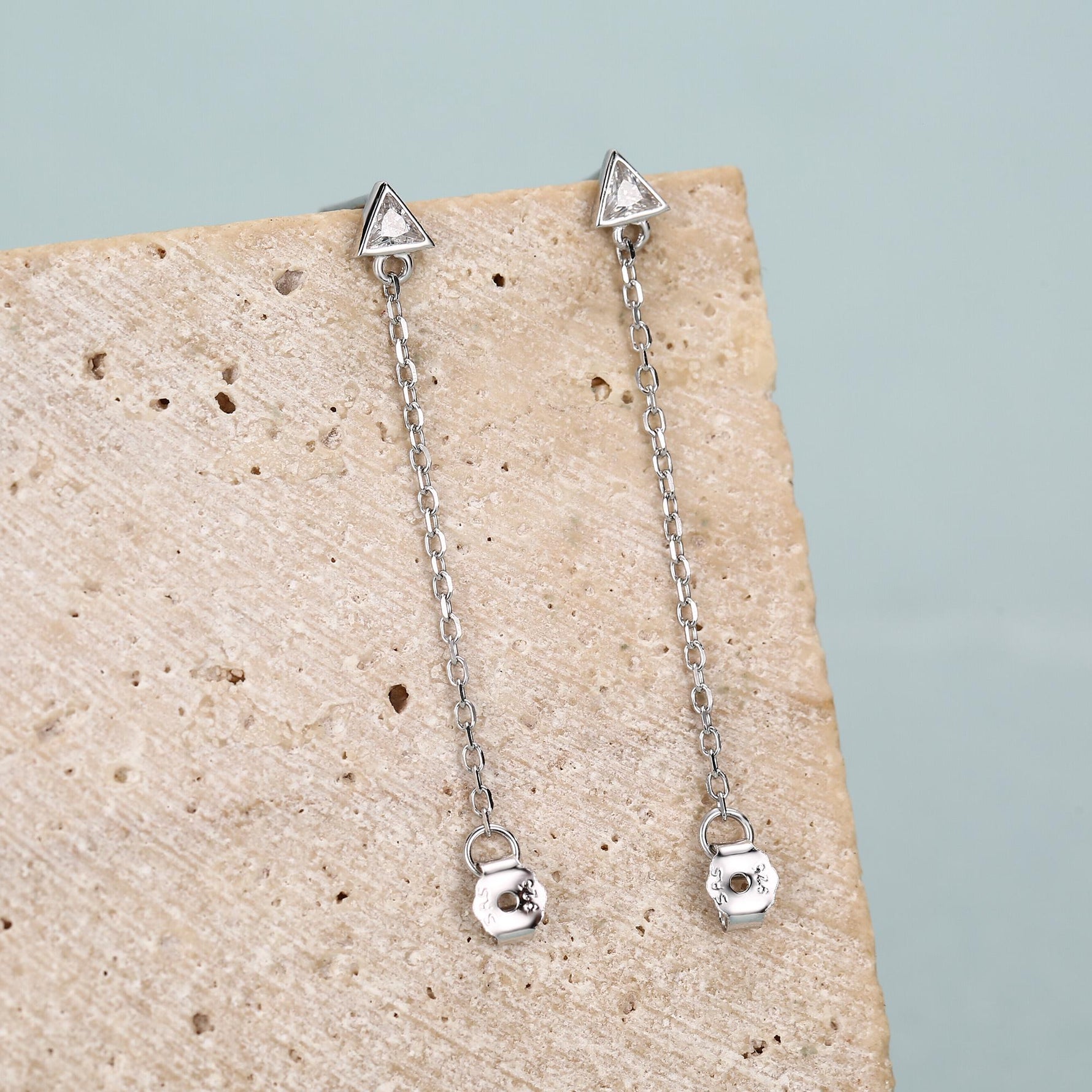 Tiny Triangle CZ Chain Earrings in Sterling Silver, Silver or Gold, Triangle CZ Ear Jacket, CZ Jacket Earrings