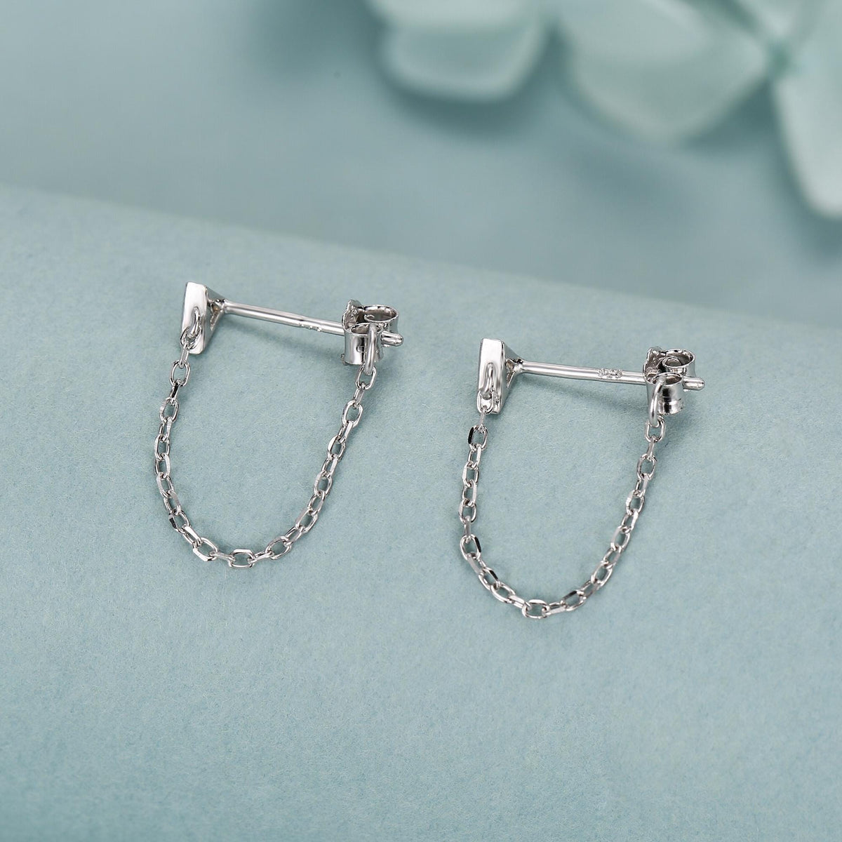 Tiny Triangle CZ Chain Earrings in Sterling Silver, Silver or Gold, Triangle CZ Ear Jacket, CZ Jacket Earrings