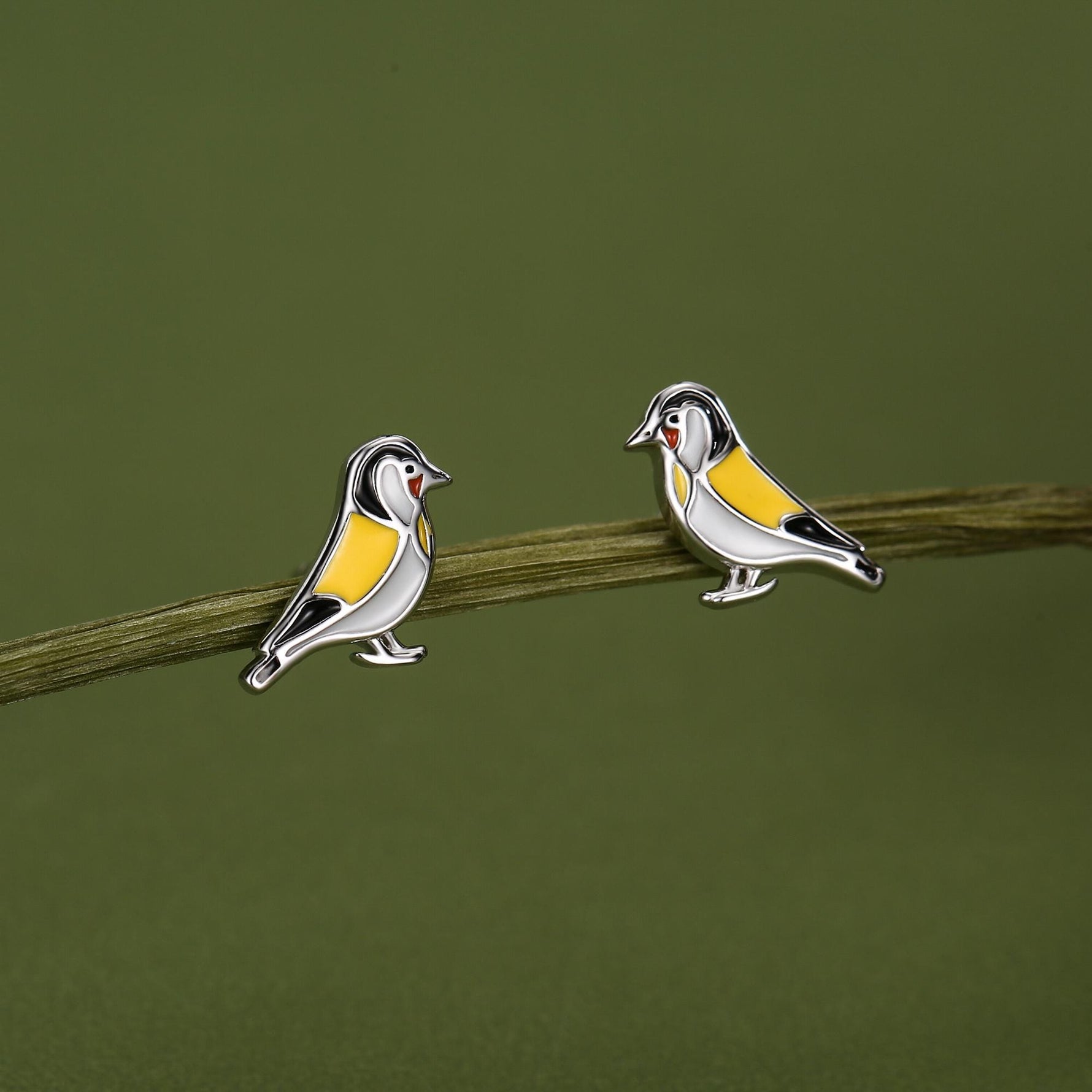 Goldfinch Bird Stud Earrings in Sterling Silver, Silver or Gold, Enamel Bird Earrings, Nature Inspired Animal Earrings