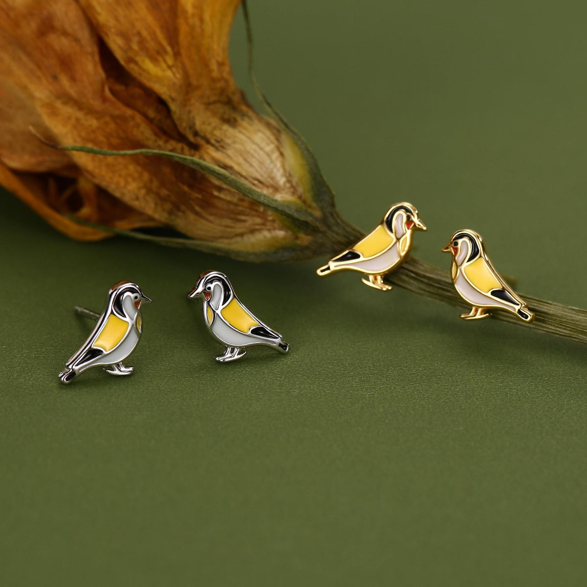 Goldfinch Bird Stud Earrings in Sterling Silver, Silver or Gold, Enamel Bird Earrings, Nature Inspired Animal Earrings